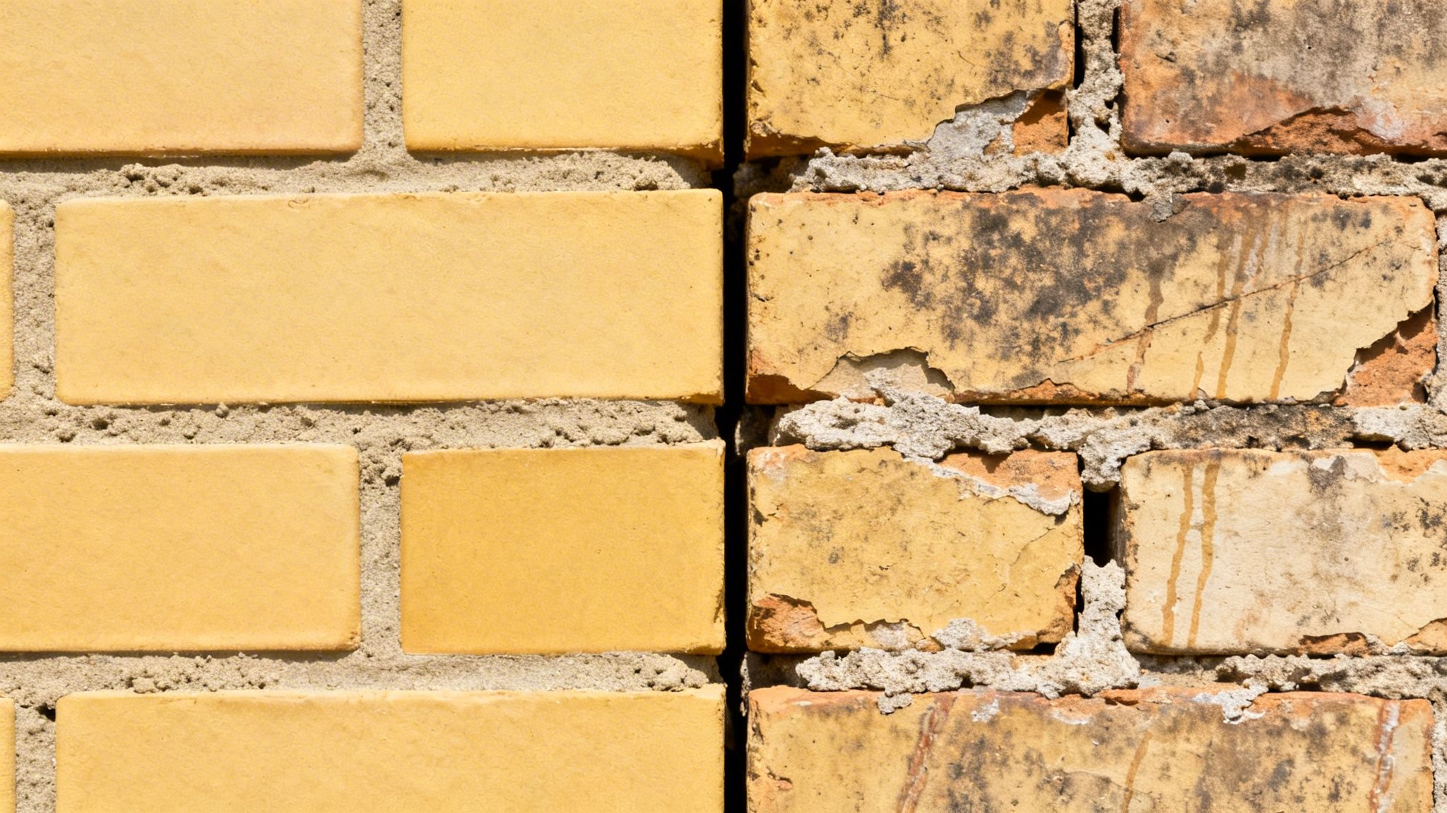 Halvdel af en mur med rene, gule mursten og halvdel med gamle, beskadigede mursten.
