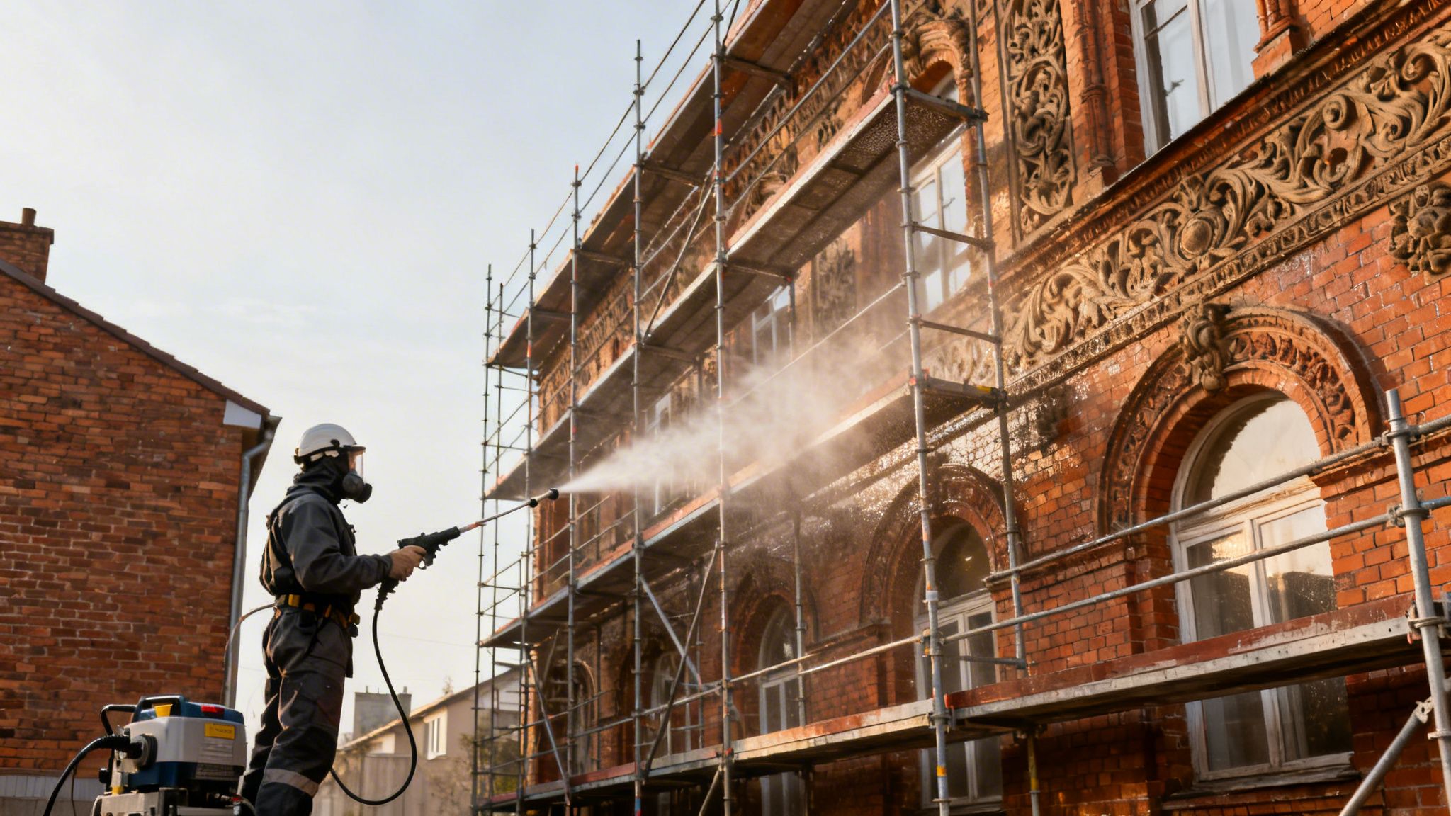 Arbejder i beskyttelsesudstyr højtryksrenser en gammel murstensbygning med stillads.