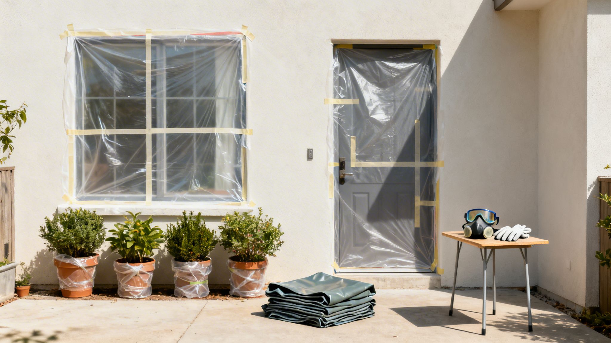 Husfacade med vindue og dør dækket af plast til renovering, med sikkerhedsudstyr klar på et bord.