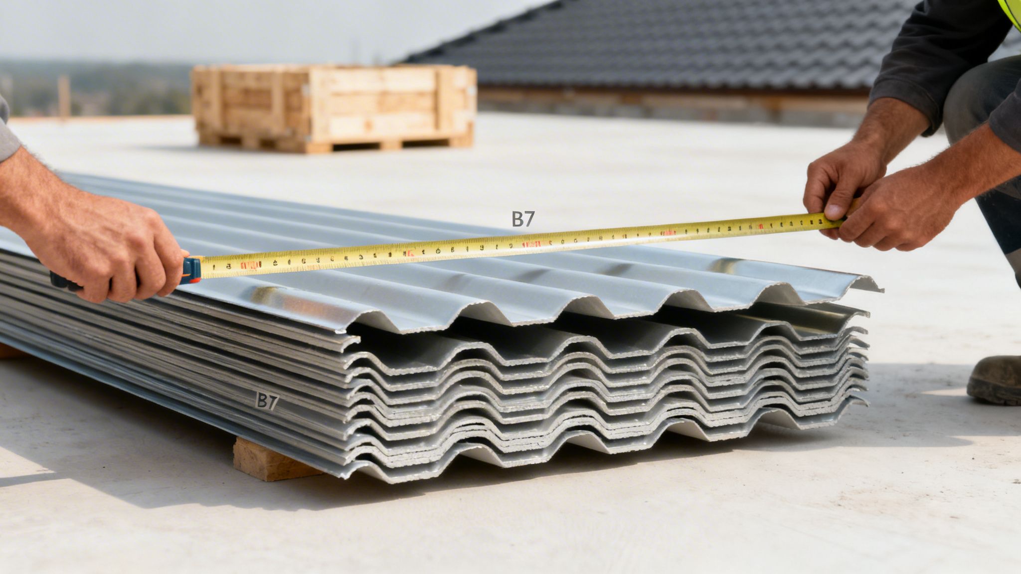 To mænd måler en stak B7 tagplader med et målebånd på en byggeplads eller et tag.