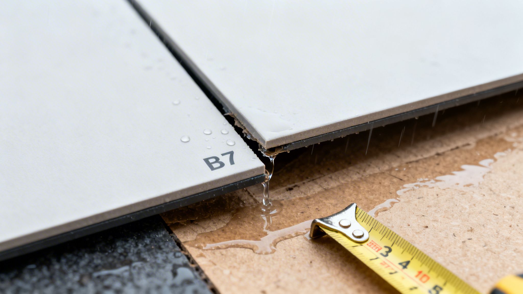 Vanddryp fra B7 tagplader og målebånd på vådt underlag, viser fugt og byggeforhold.