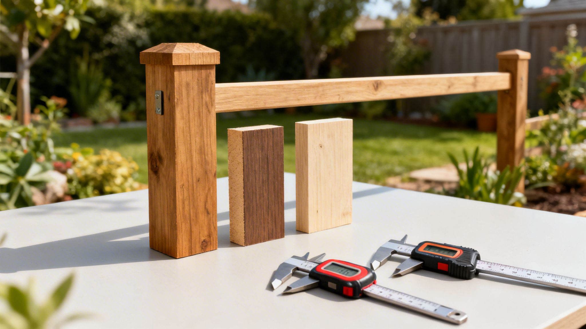 Billede af træstolper og lægte til hegn, forskellige træprøver og skydelærer på et bord i en have.