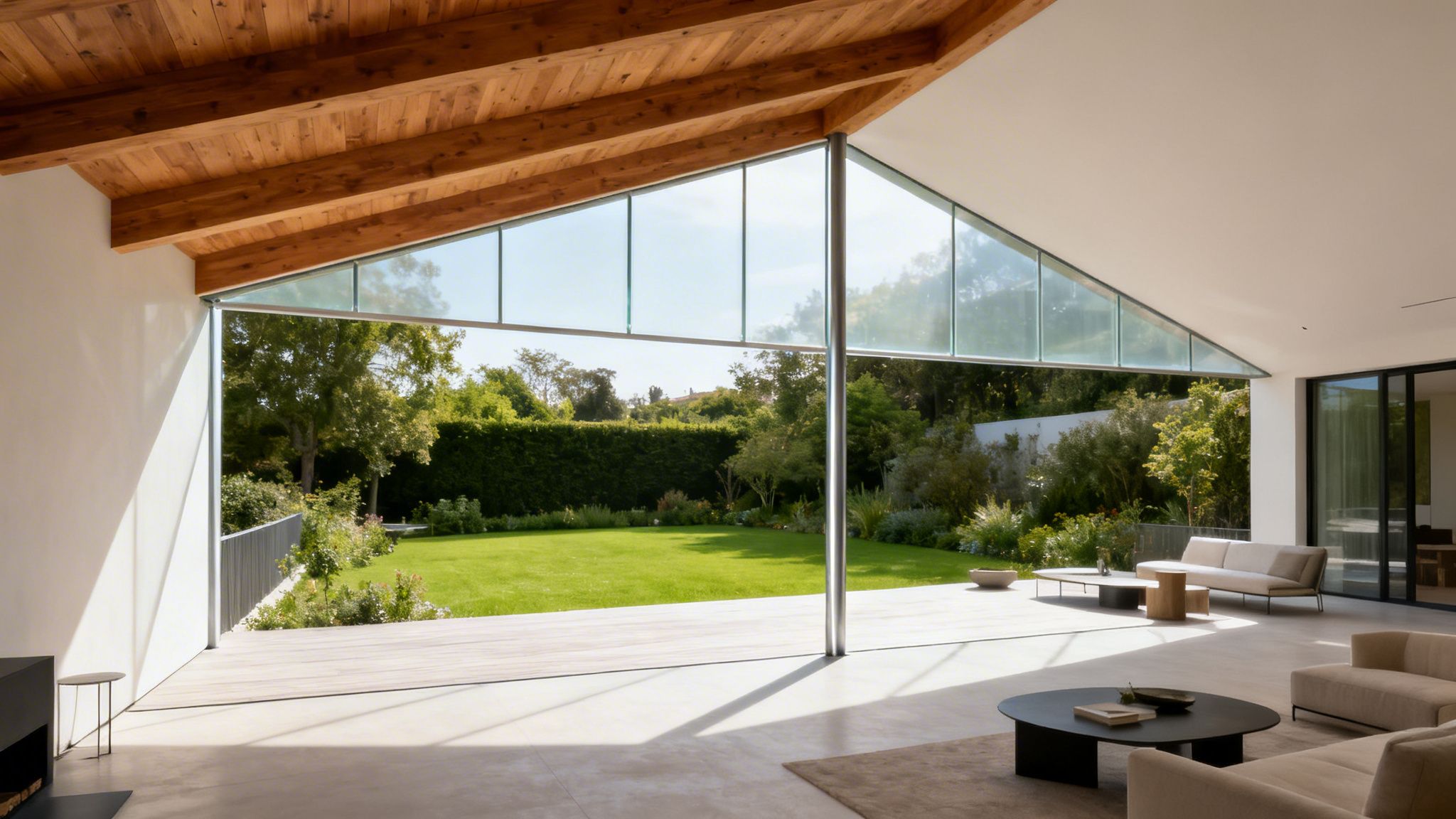 Moderne stue med træbjælkeloft og stor glasfacade, der åbner op til en grøn have og terrasse med siddepladser.