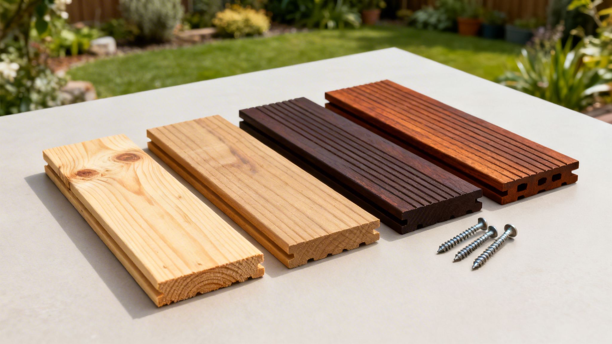 Fire forskellige træterrasserbrædder i varierende nuancer og teksturer, samt skruer, præsenteret på en terrasse med havebaggrund.