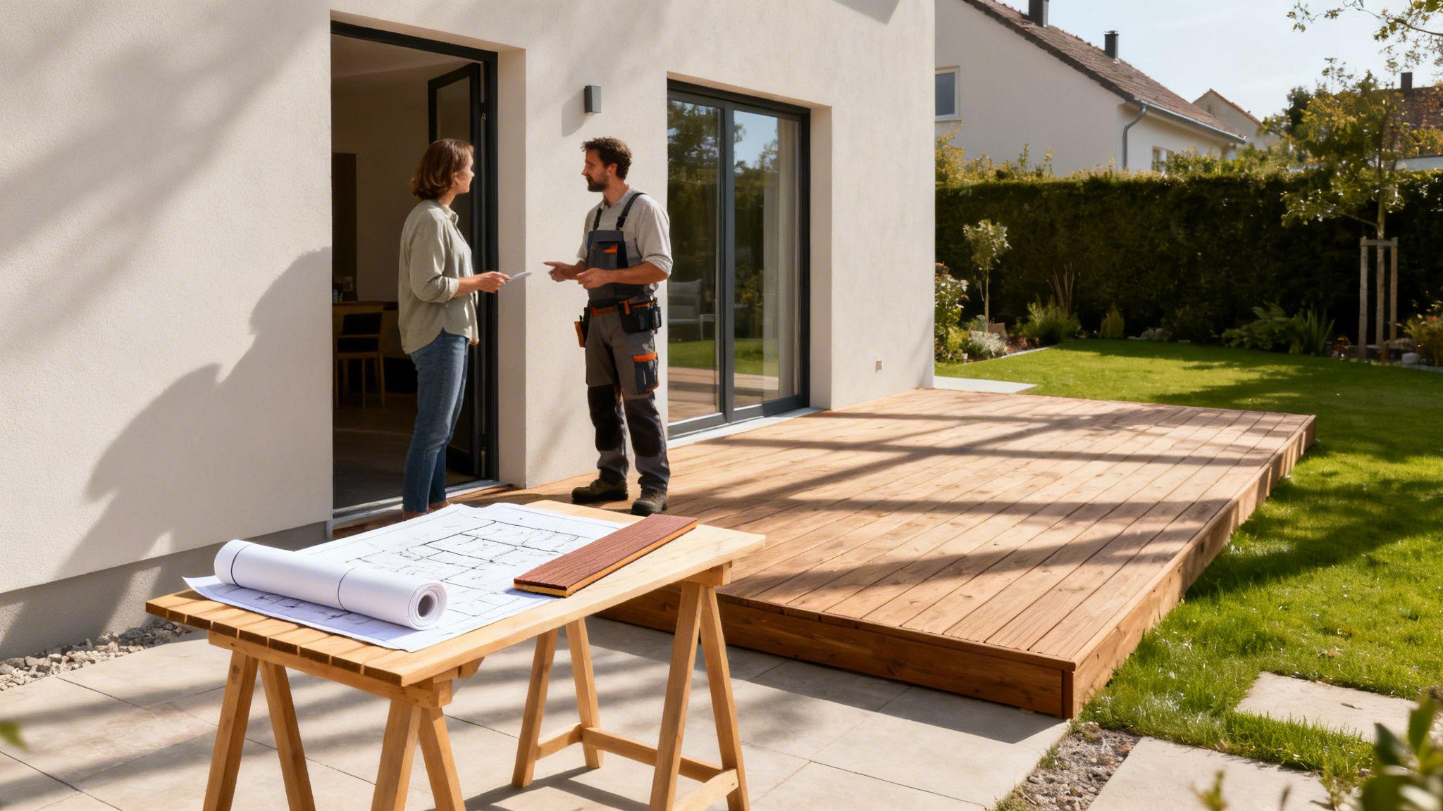 En kvinde og en byggearbejder diskuterer tegninger til en ny træterrasse foran et moderne hus.
