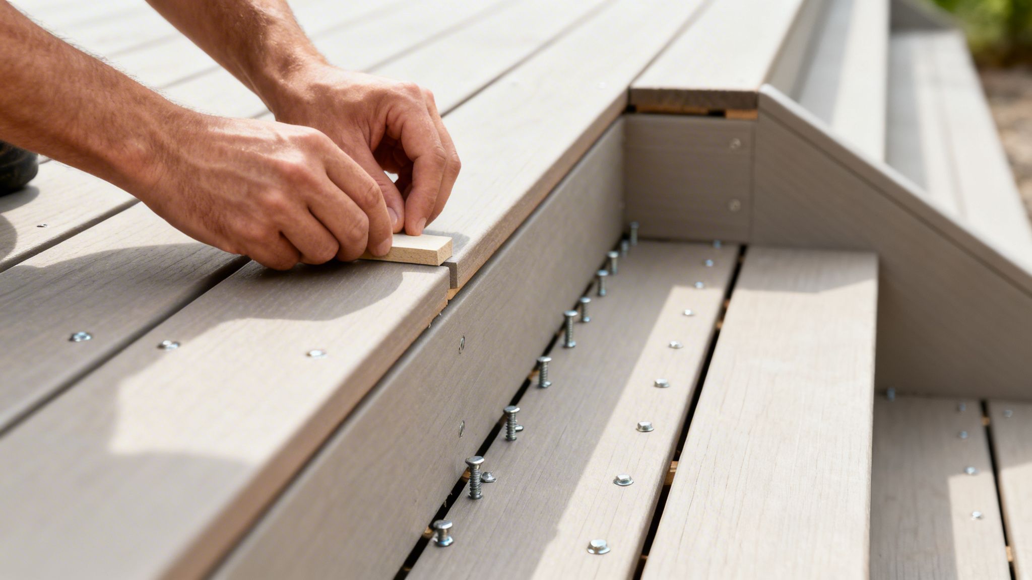 En person monterer komposit terrassebrædder og bruger en afstandsklodds for præcis samling.