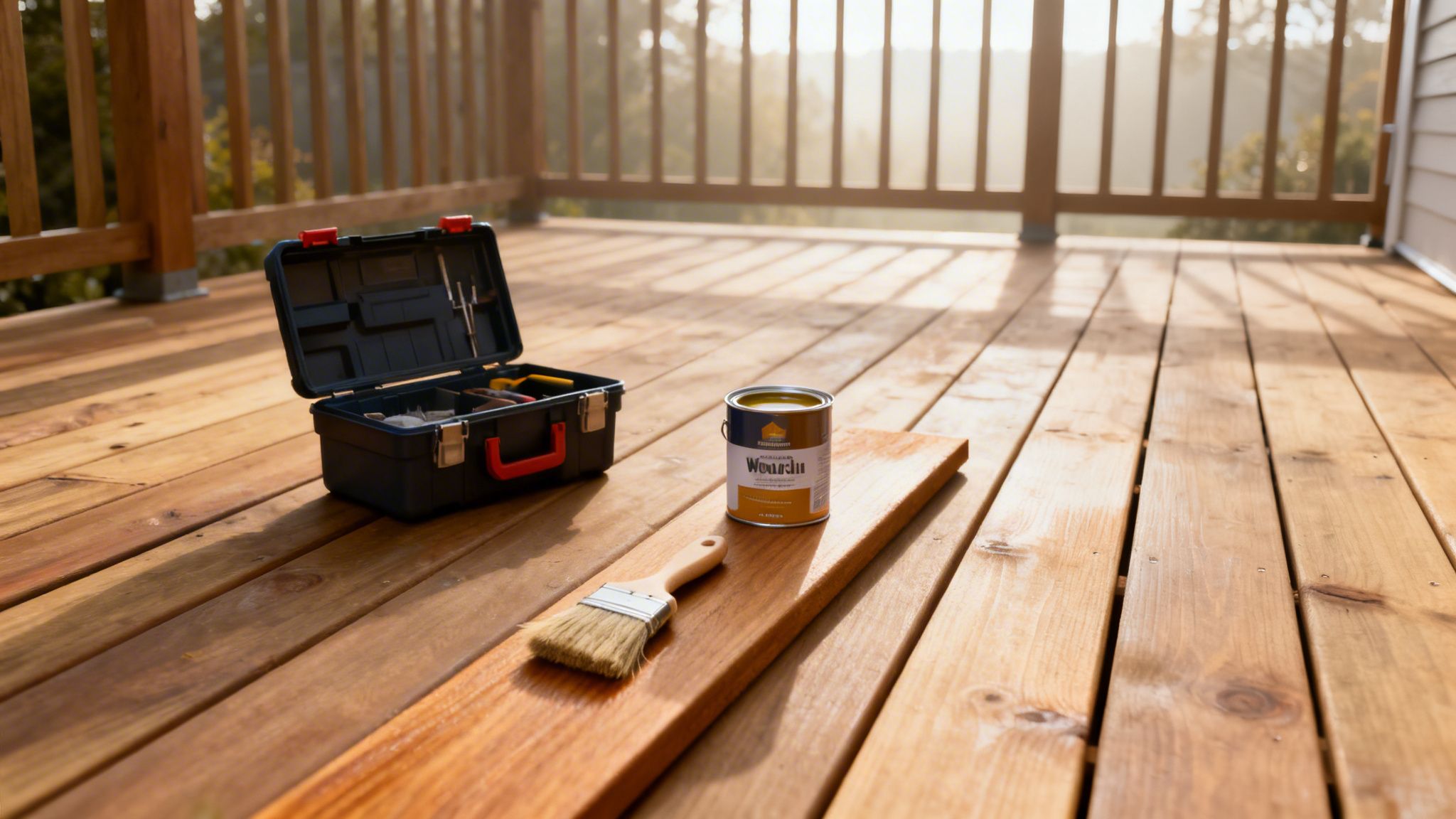 En træterrasse der olieres, med værktøjskasse, malerpensel og træolie på en solrig dag.