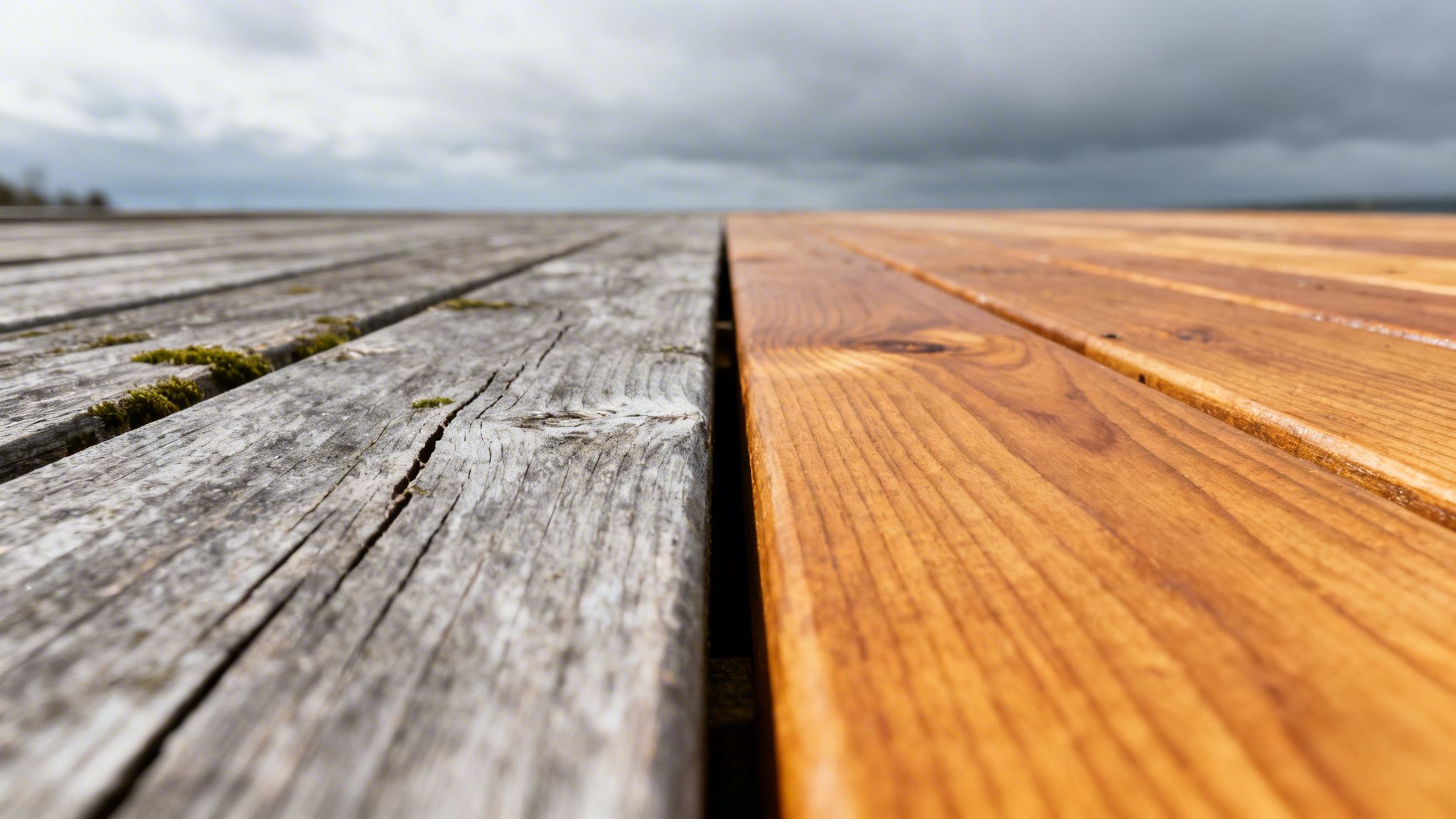 Nærbillede af en træterrasse, halvt vejrslidt og halvt nyolieret, der viser forskellen tydeligt.