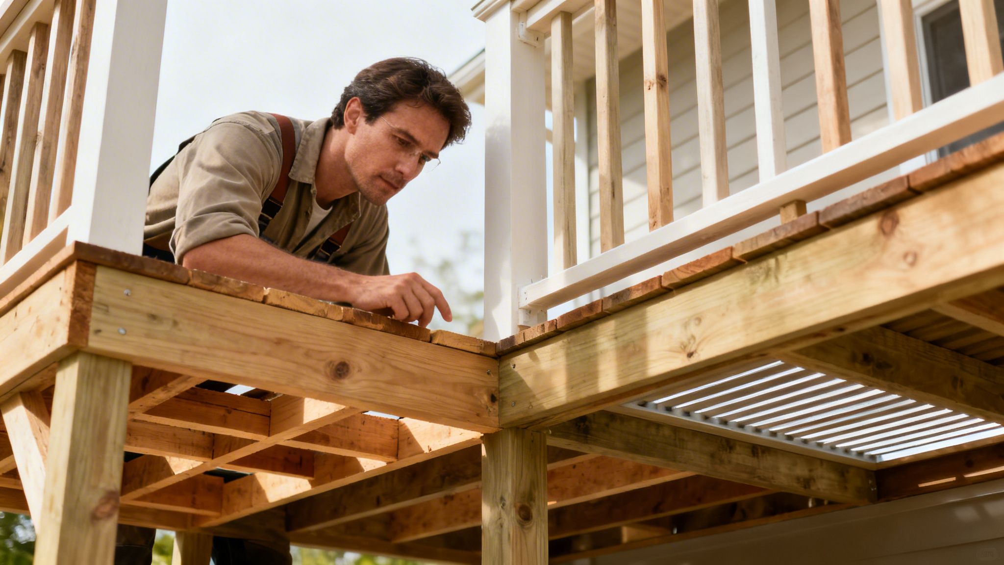 En mand bygger en træterrasse og inspicerer omhyggeligt de nye brædder og konstruktionen.