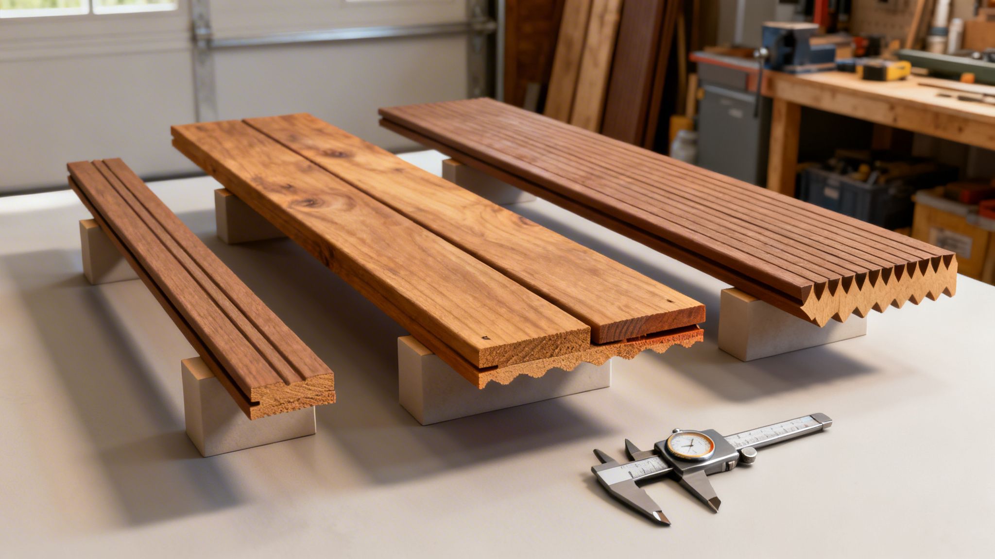 Tre sæt træbrædder til terrasse med forskellige profiler og en skydelære på et værkstedsbord.