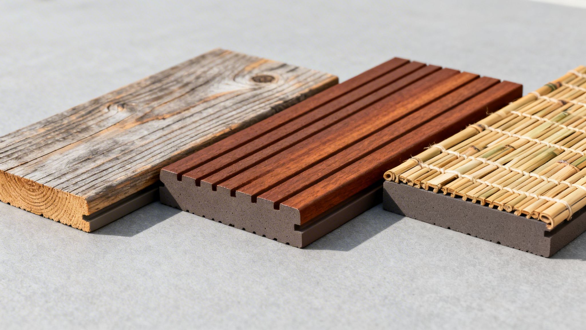 Tre forskellige terrassebrædder: rustikt træ, moderne komposit og bambusmåtte på grå baggrund, perfekt til inspiration.