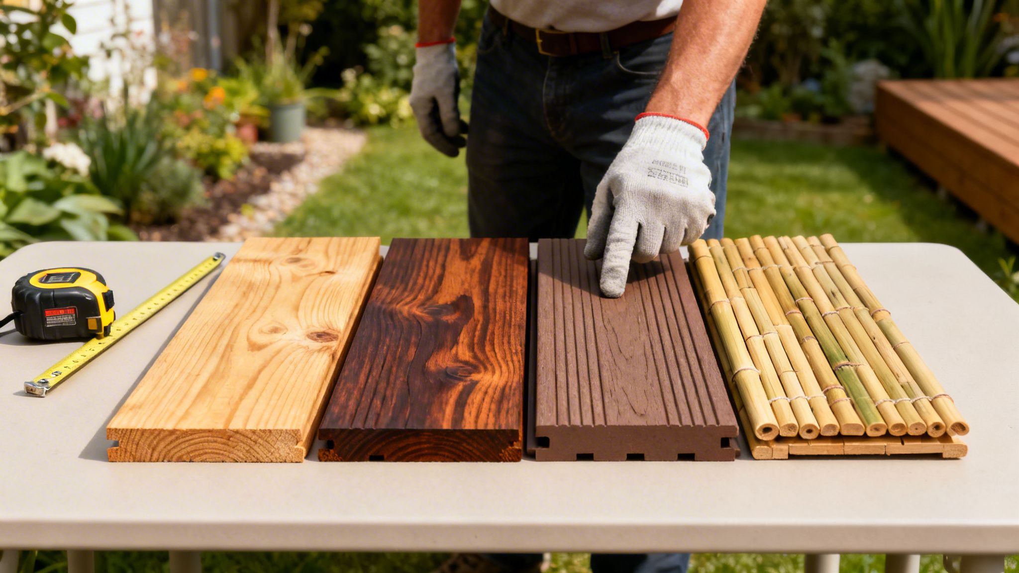 En person i handsker peger på forskellige terrassebrædder og materialer, inklusiv træ, komposit og bambus, udendørs.