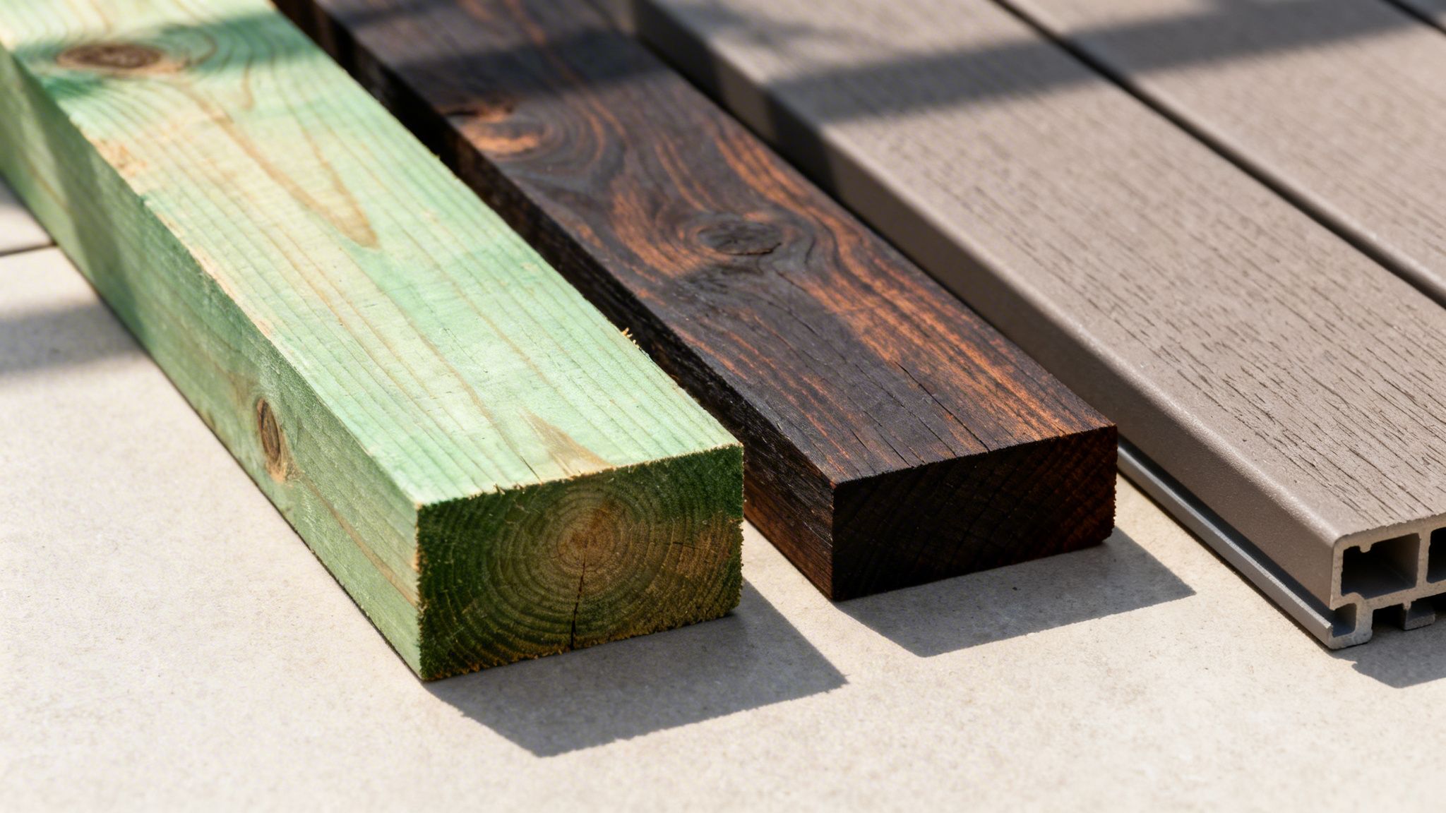 Forskellige materialer til terrasser: grønt trykimprægneret træ, mørkt træ og grå kompositbrædder.