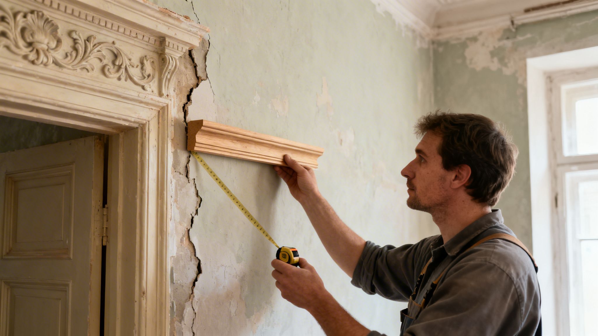 En mand måler nyt træbeklædning til en antik dørkarm med en revnet væg under renovering.