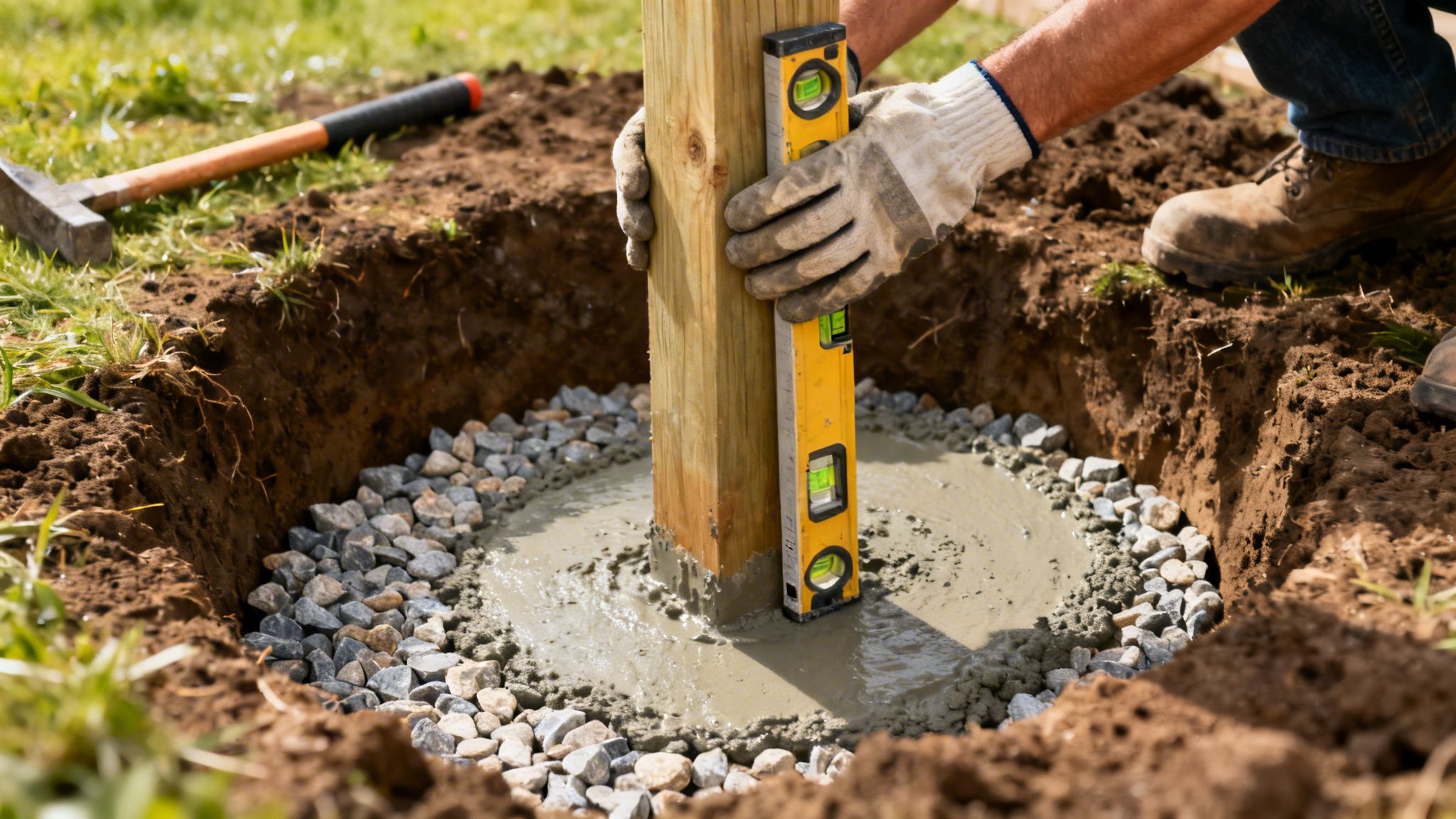 En person installerer en træpæl i et hul med grus og beton, mens de bruger et vaterpas.