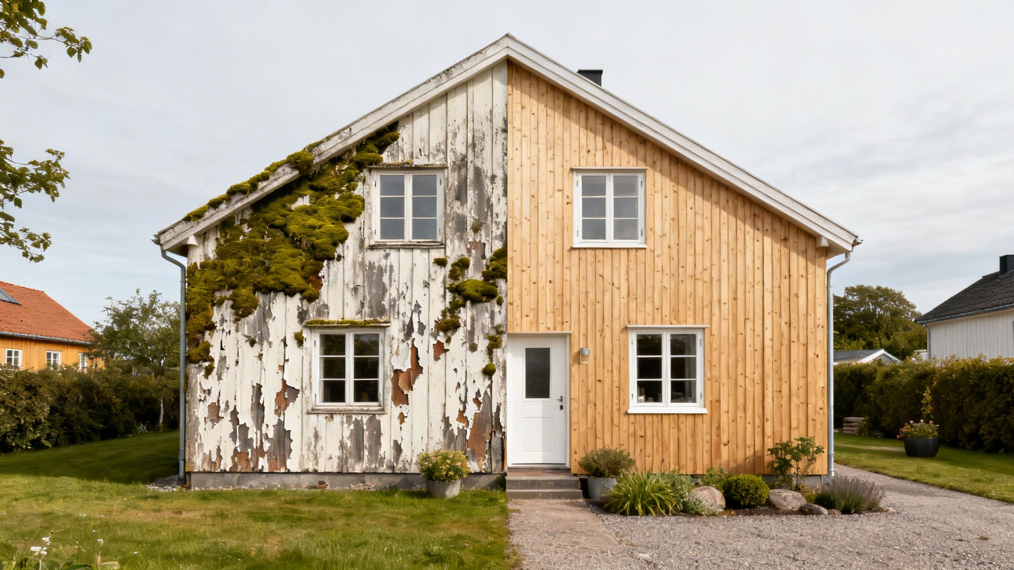 Et hus delt i to: den ene side er gammel med afskallet maling og mos, den anden side er ny med træbeklædning.