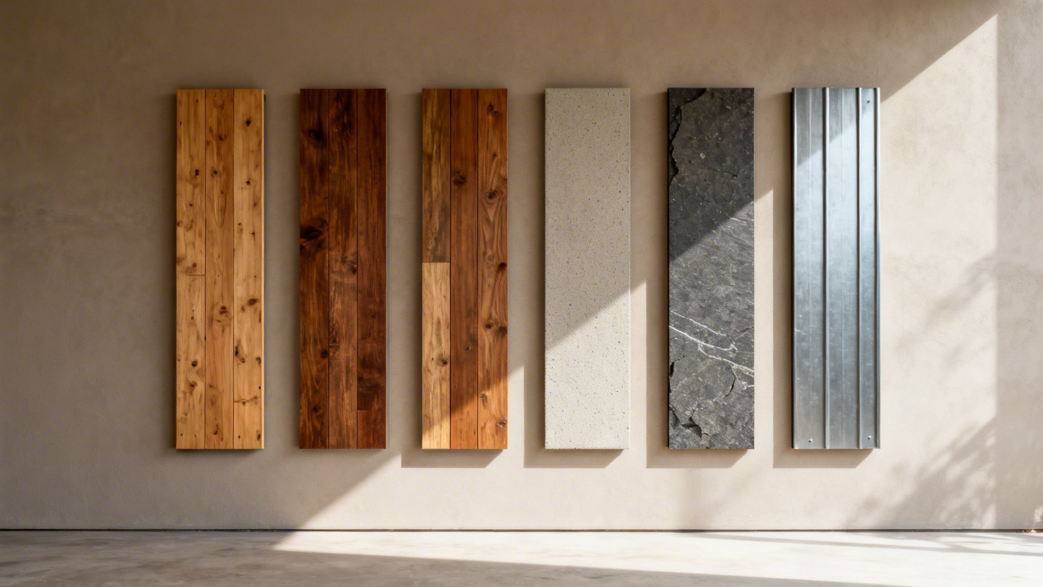 Seks lodrette prøver af forskellige byggematerialer som træ, sten og metal på en væg med sollys.