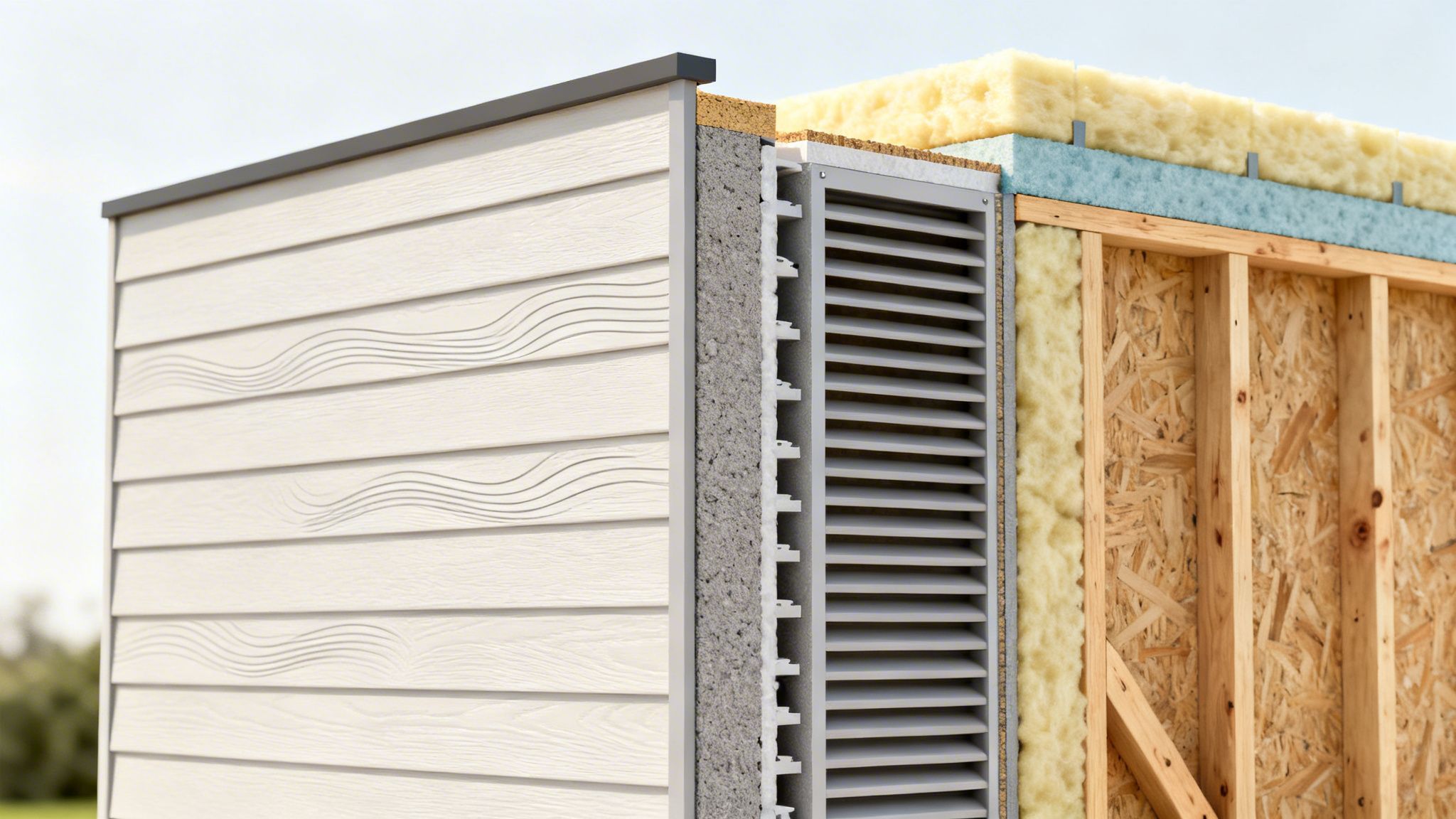 Detaljeret tværsnit af en ydermur, der viser beklædning, isolering, ventilation og trækonstruktion.