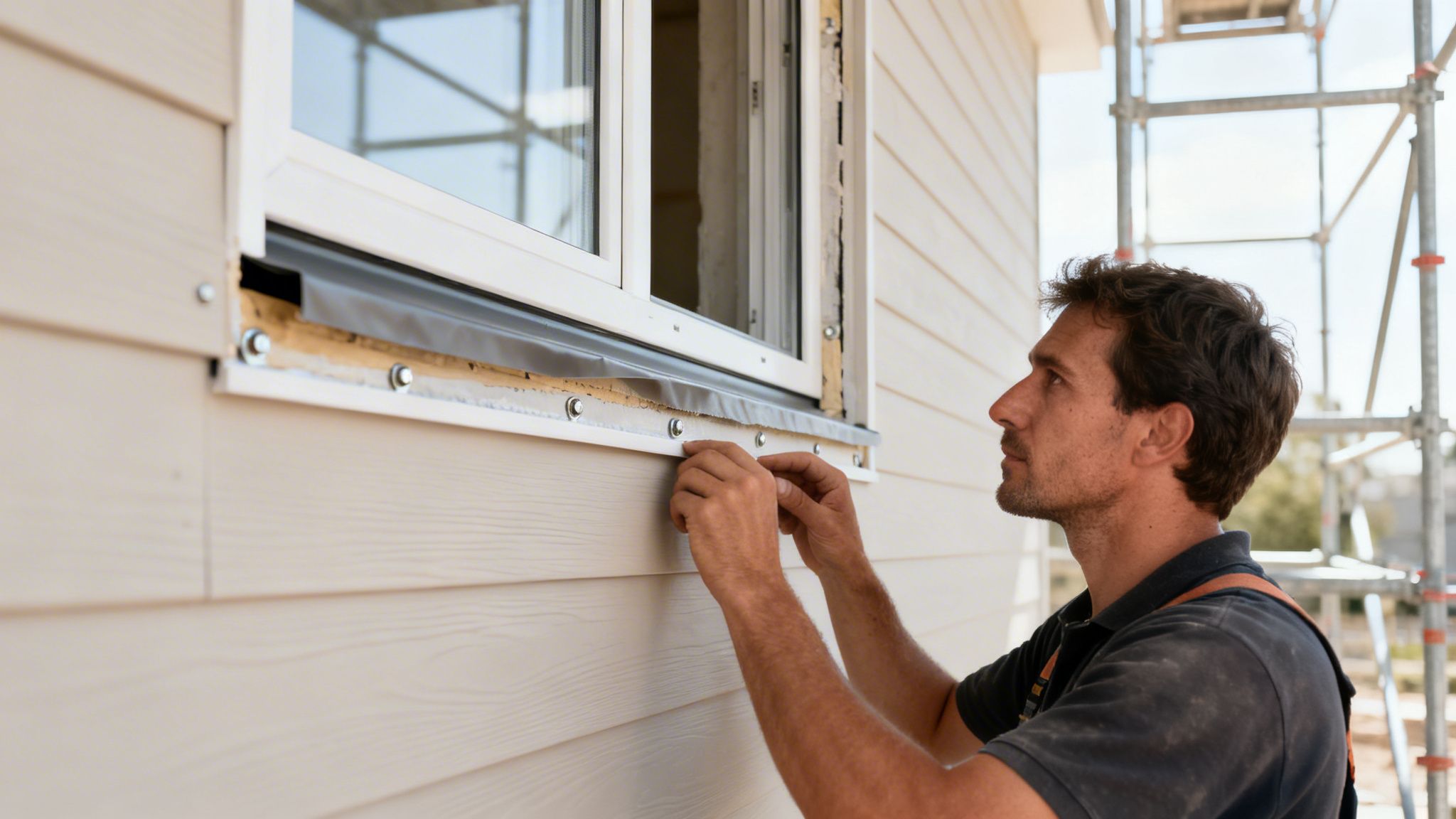 Byggearbejder monterer facadebeklædning og forsegler vindue på et hus med stillads i baggrunden.