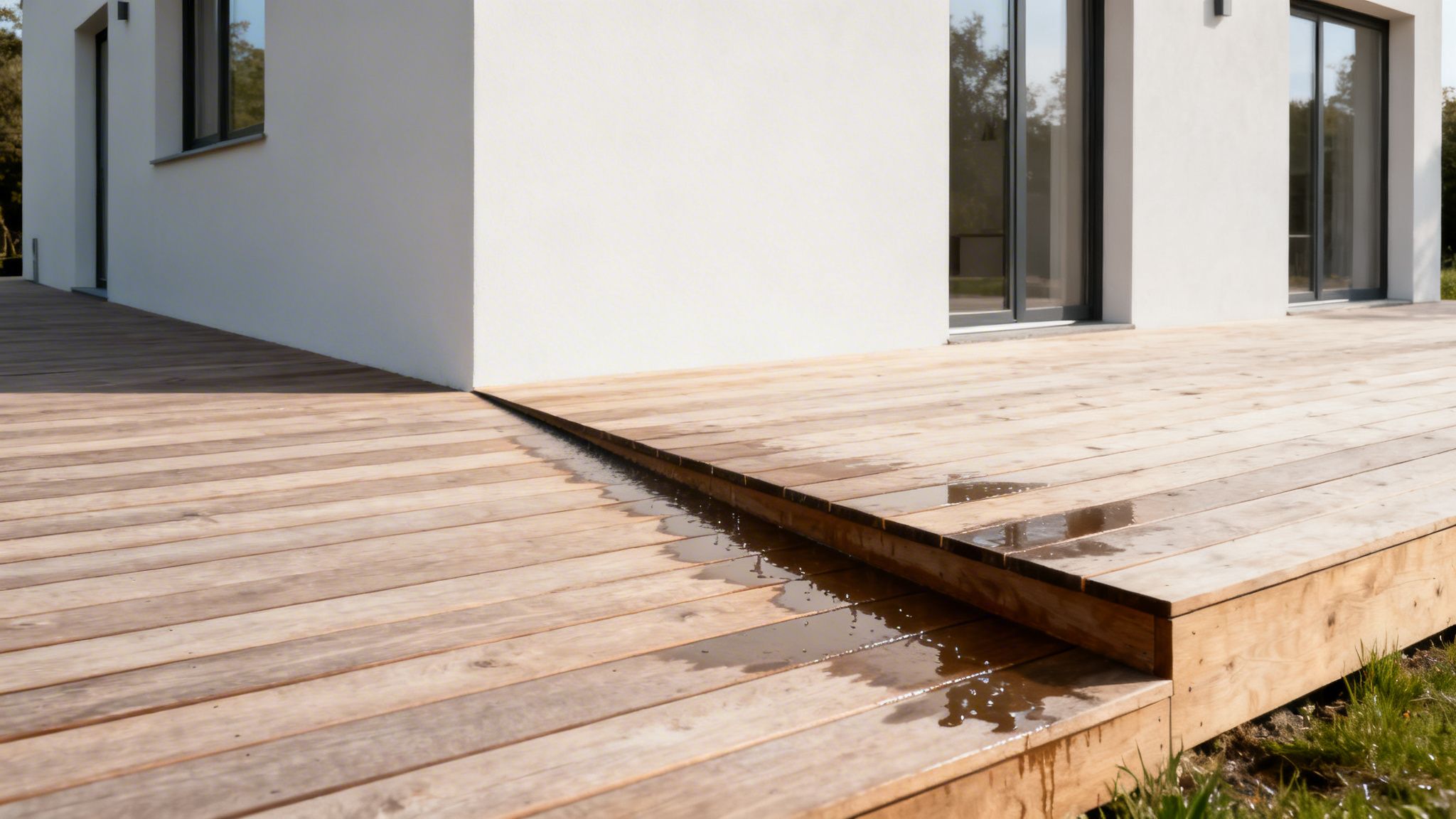 Moderne hus med stor træterrasse og vandpytter på brædderne, hvilket indikerer dræning.