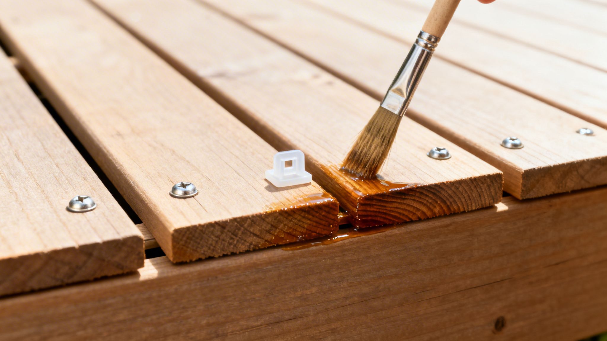 En pensel påfører træolie på nye terrassebrædder, der er skruet fast med afstandsstykker imellem.