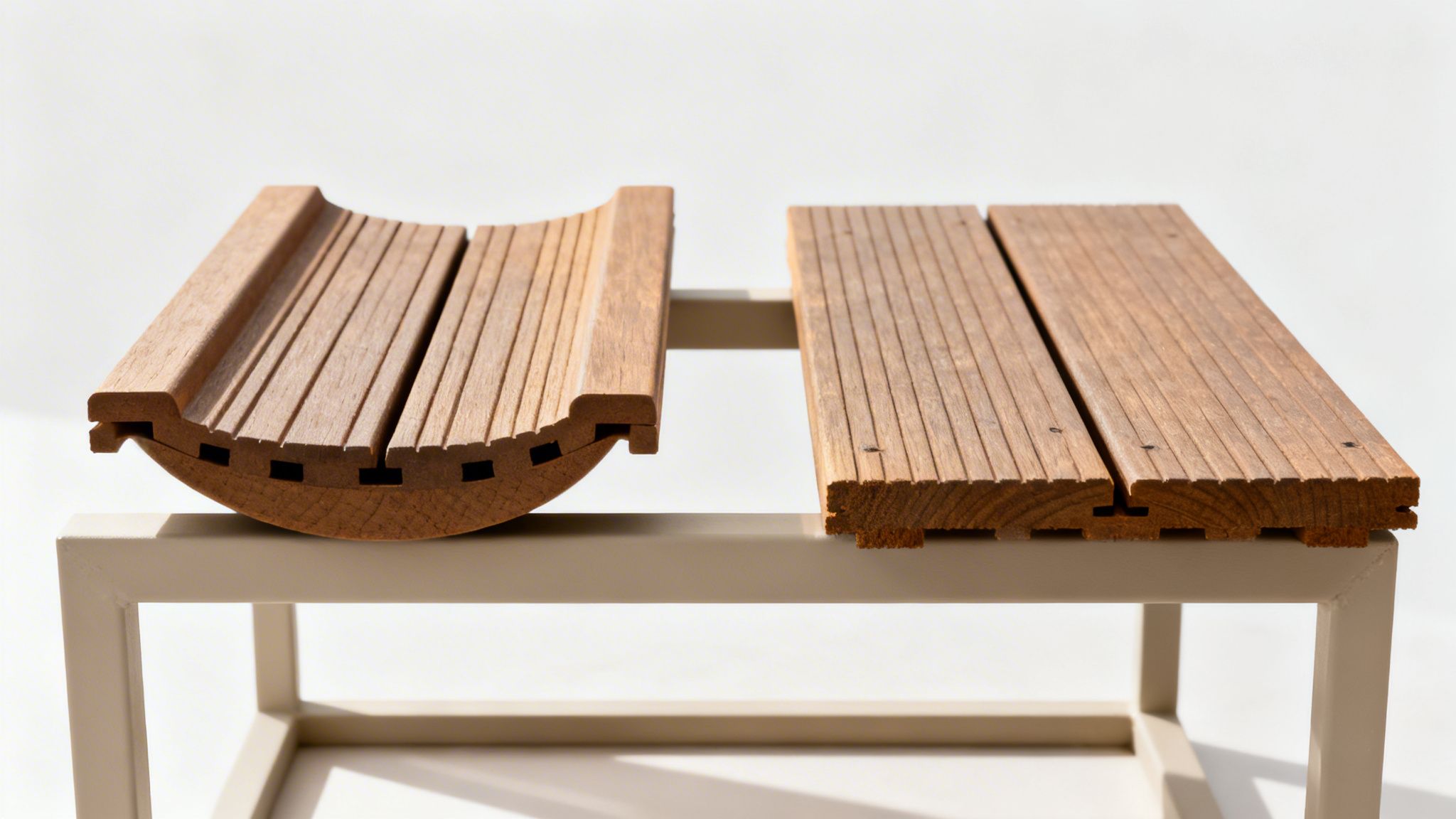 Forskellige træterrassebrædder præsenteret på en moderne metalramme mod hvid baggrund.