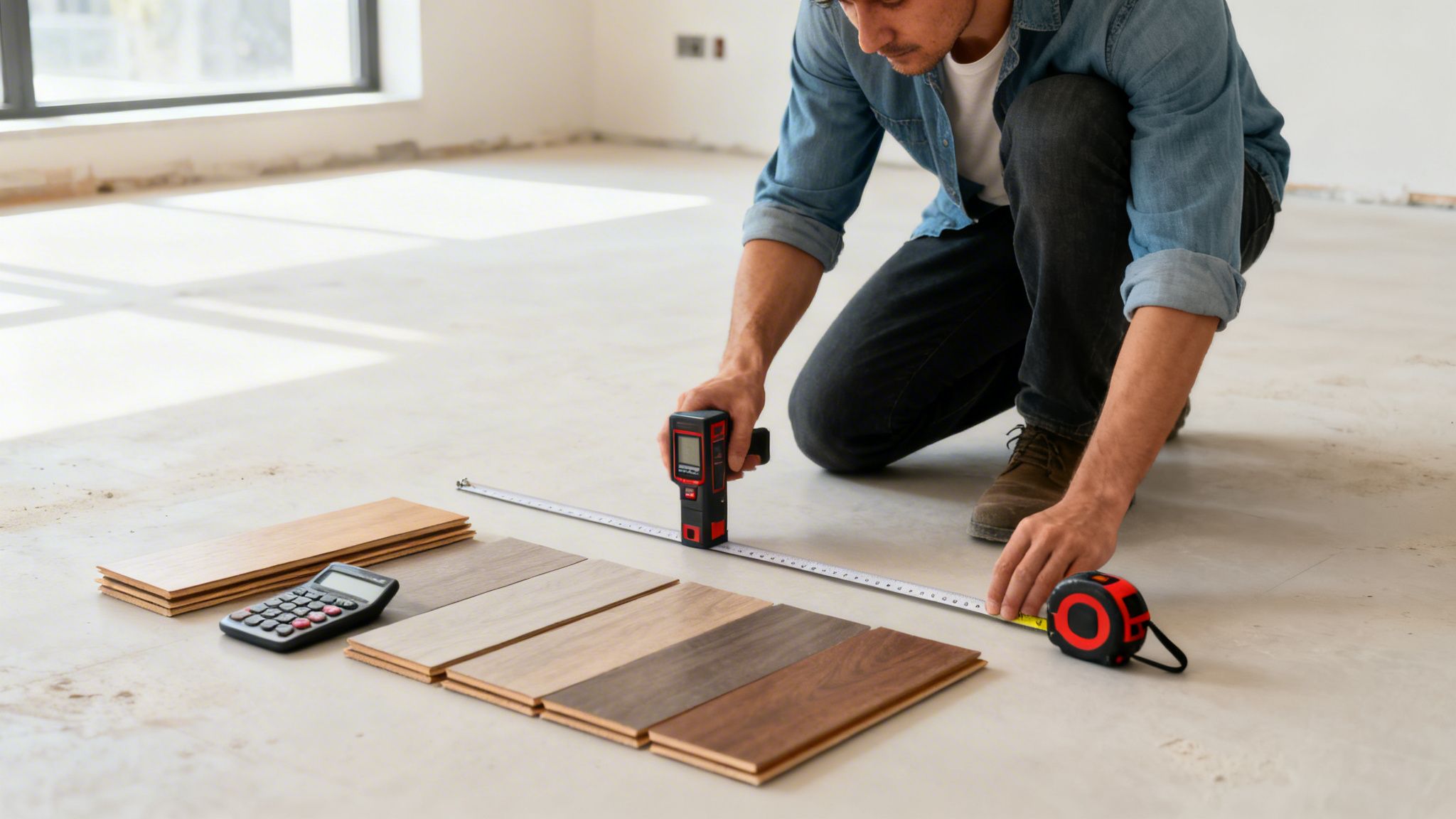 Mand måler gulv i et tomt rum under renovering med målebånd, lasermåler, og gulvprøver.