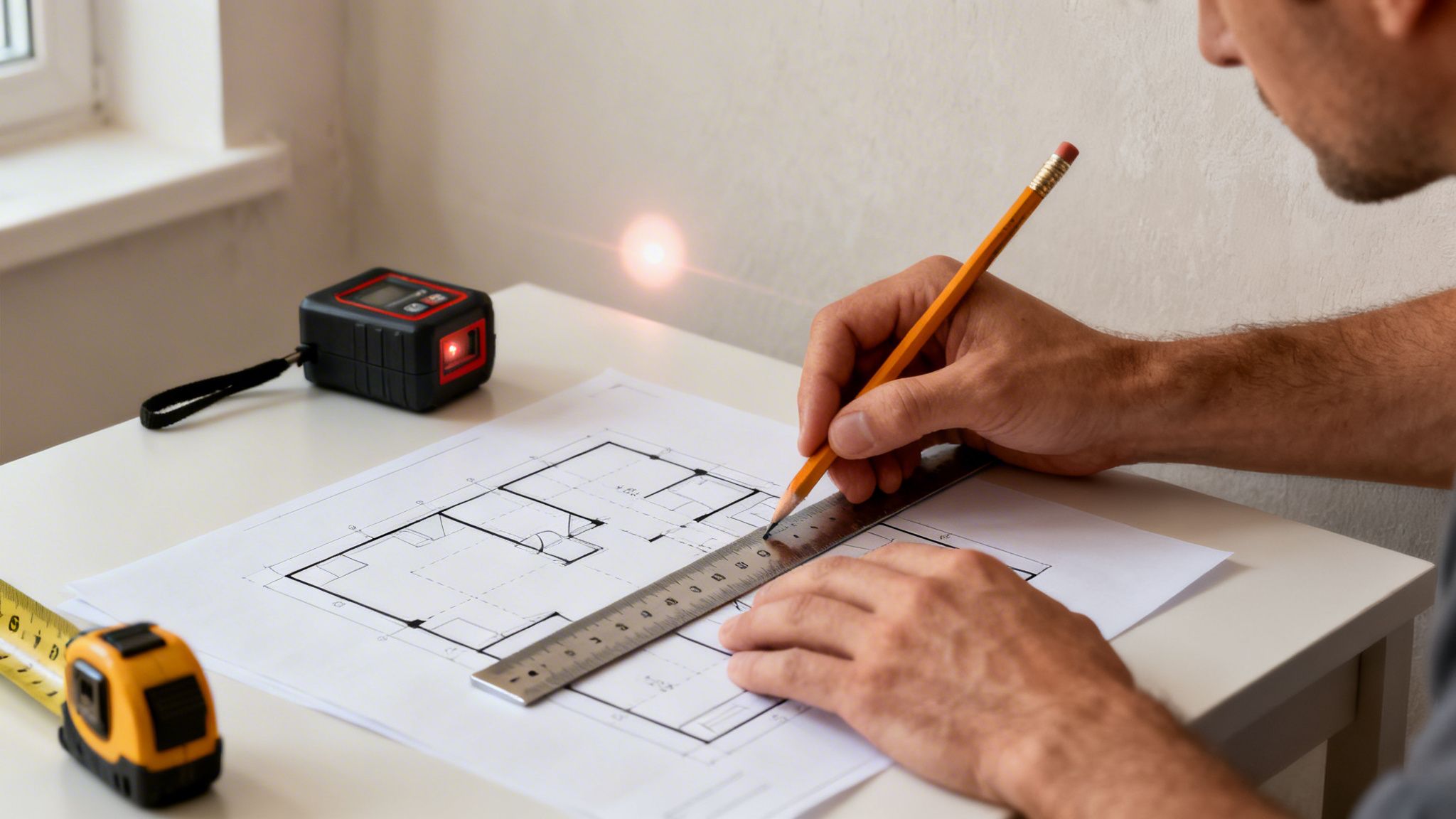 En mand tegner en plantegning med blyant og lineal, mens en laserafstandsmåler og målebånd ligger på bordet.