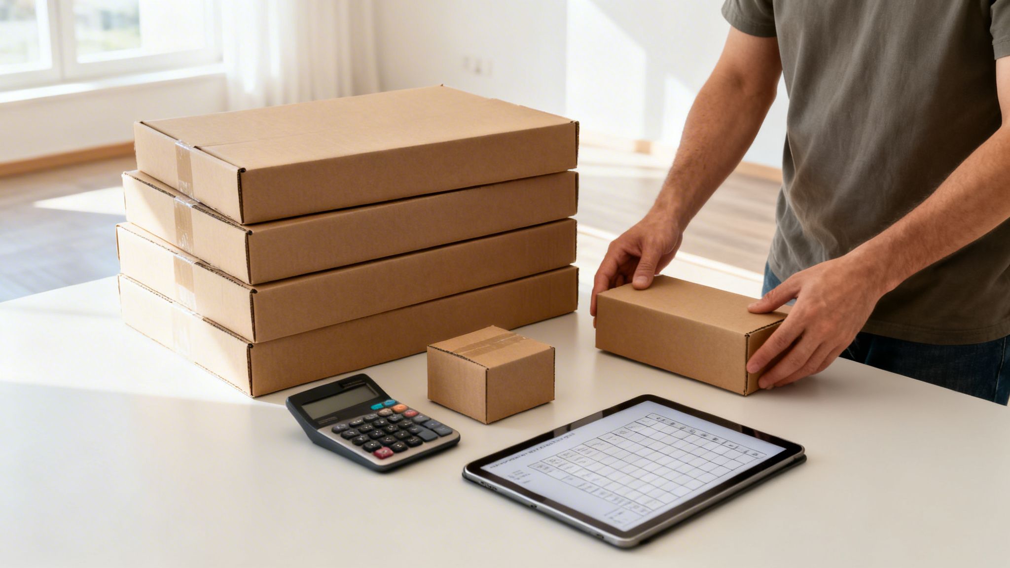 En mand pakker kasser og bruger en tablet og lommeregner til at registrere varer.