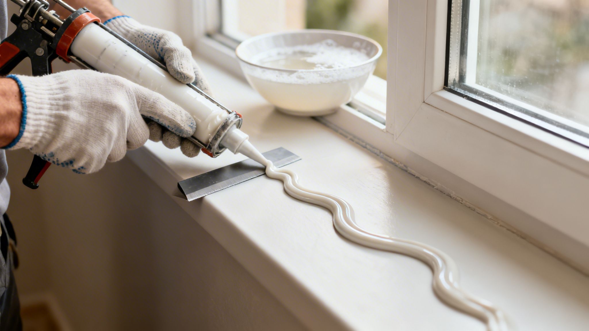 En person iført handsker påfører fuge med en fugepistol langs en hvid vindueskarm for at forsegle.