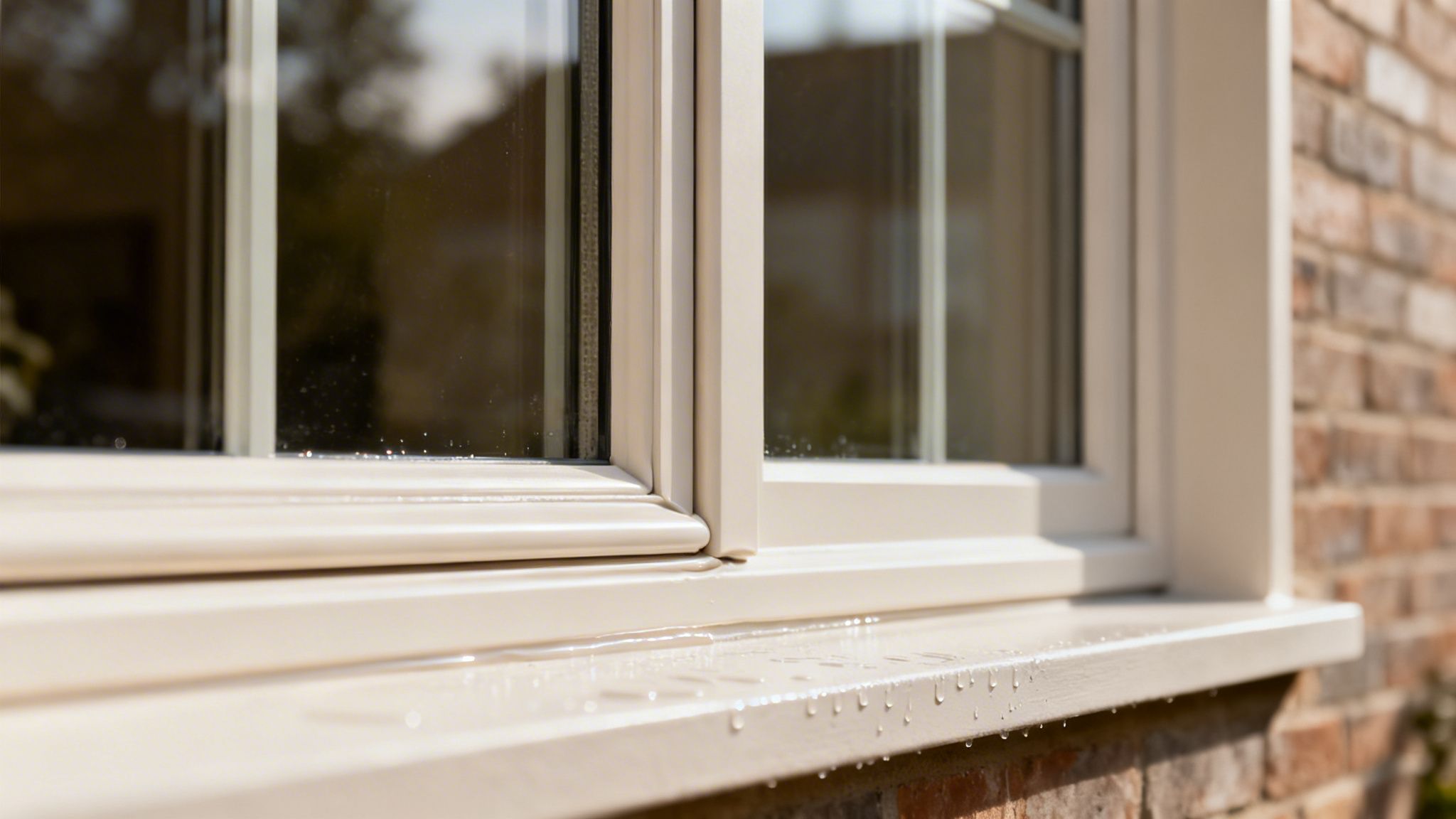 Et lyst vindueskarme med små vanddråber og en murstensvæg i baggrunden på en solrig dag.