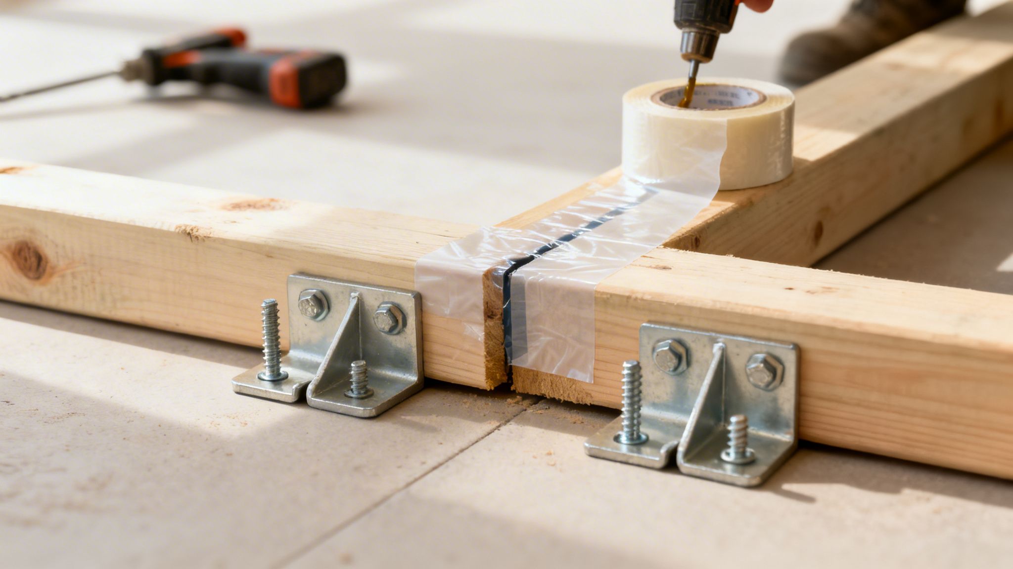 En nærbillede af træbjælker, der samles med metalbeslag og skruer, mens en boremaskine anvendes. Det viser arbejde med trækonstruktion.