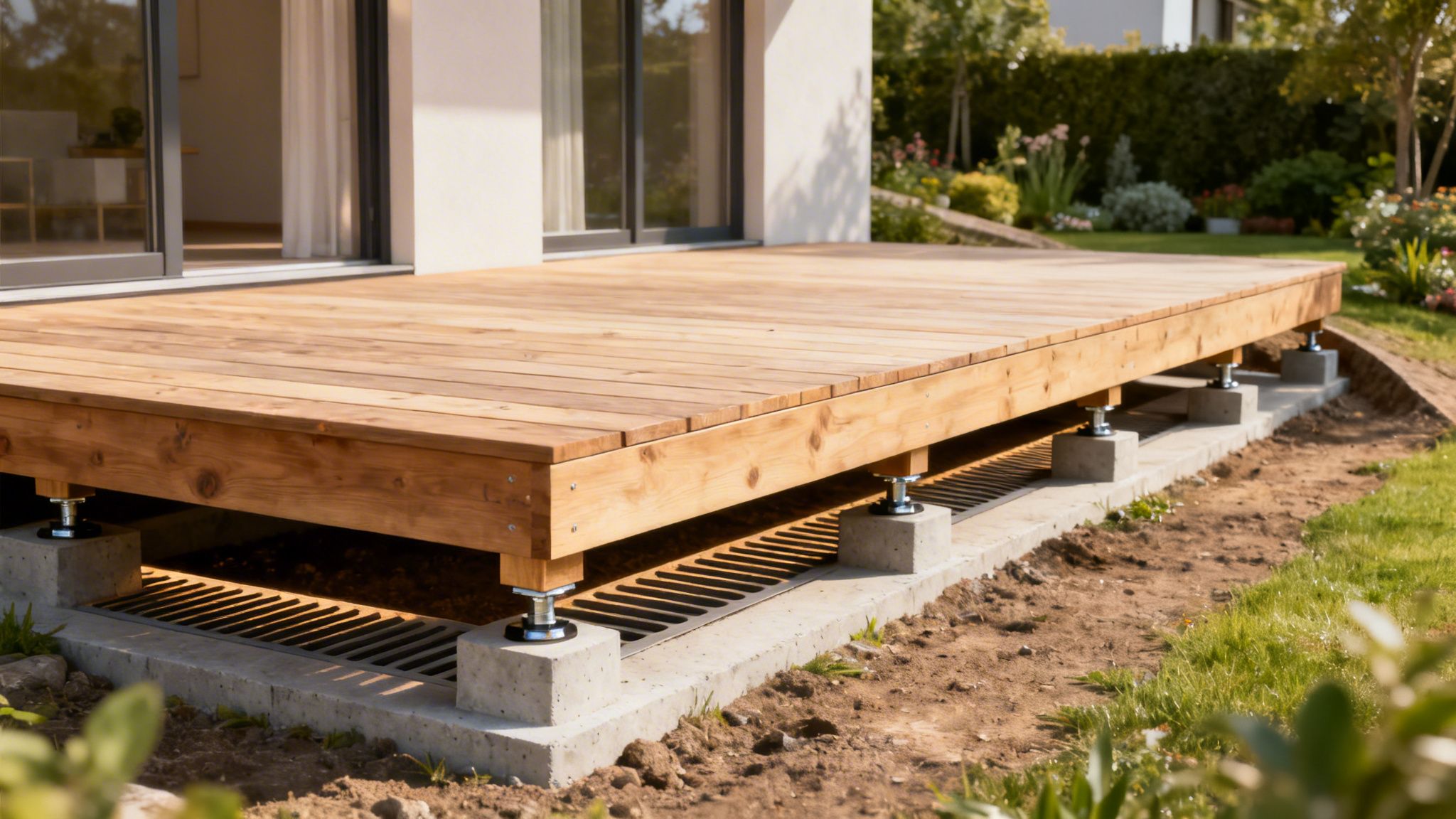 En nybygget træterrasse med justerbare fødder og betonblokke ved et moderne hus og have.
