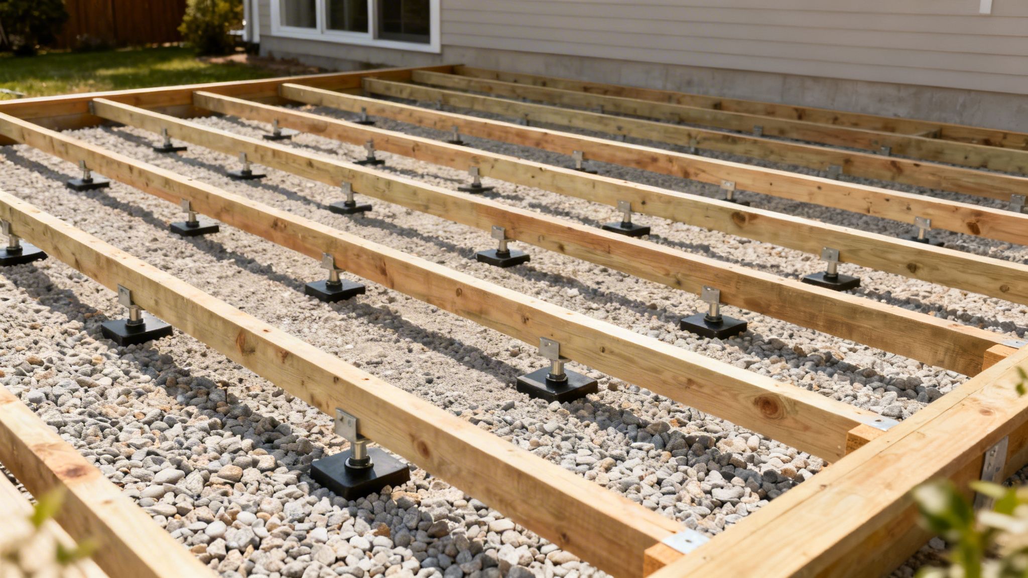 Nærbillede af træstrøer til en terrasse, understøttet af justerbare fødder på et grusunderlag, klar til dækbrædder.