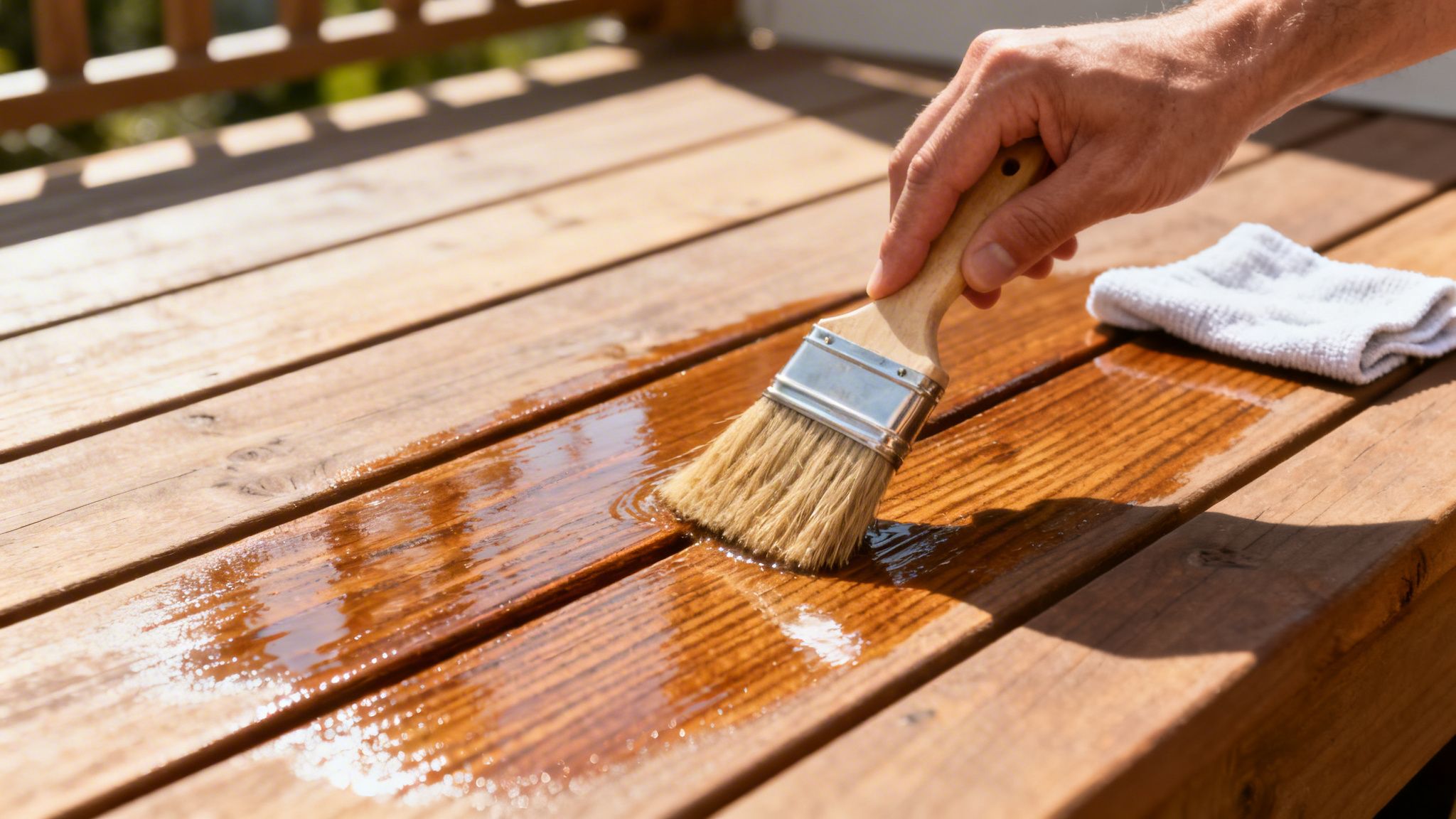 En hånd påfører træolie på en træterrasse med en pensel, hvilket fornyer træets udseende.
