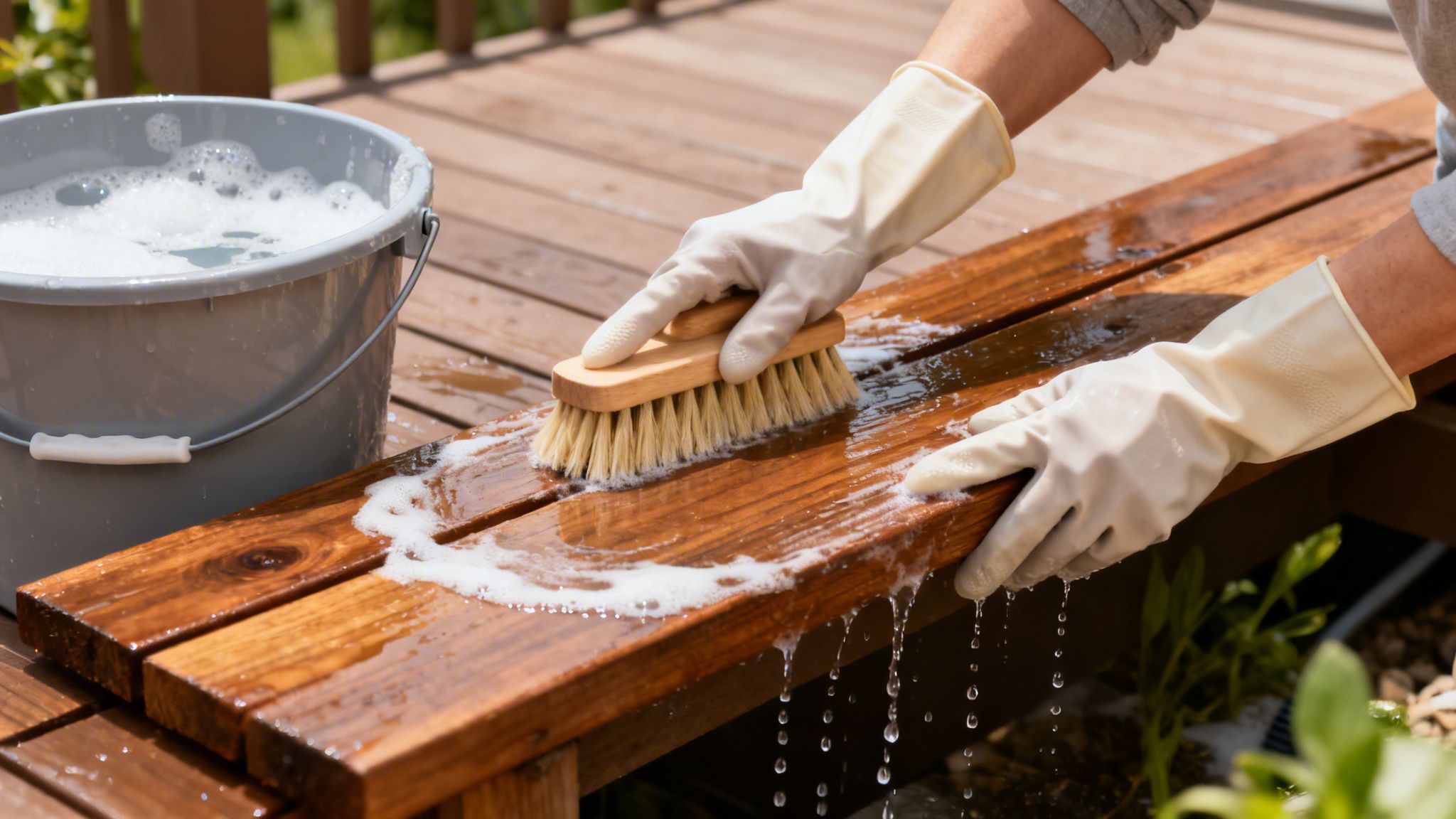 En person i hvide handsker skrubber en træterrasse med en børste og sæbevand fra en spand.