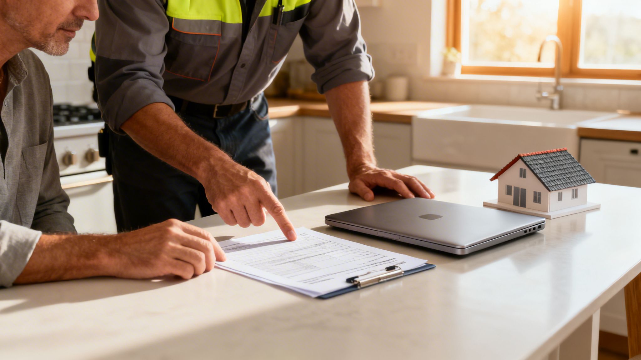 Håndværker og husejer gennemgår dokumenter ved et køkkenbord, med en model af et hus og en computer.