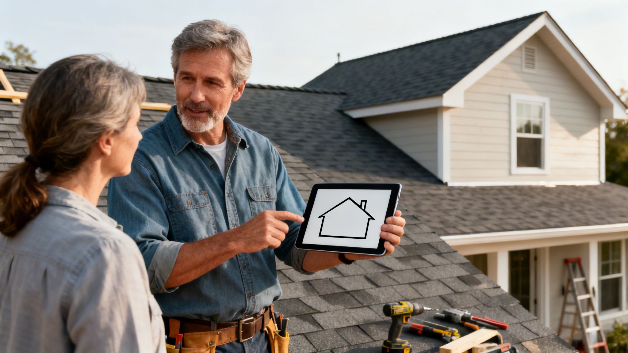 Voksne par på tag overvejer husplaner. Manden peger på en tablet med hussymbol og diskuterer med kvinden.