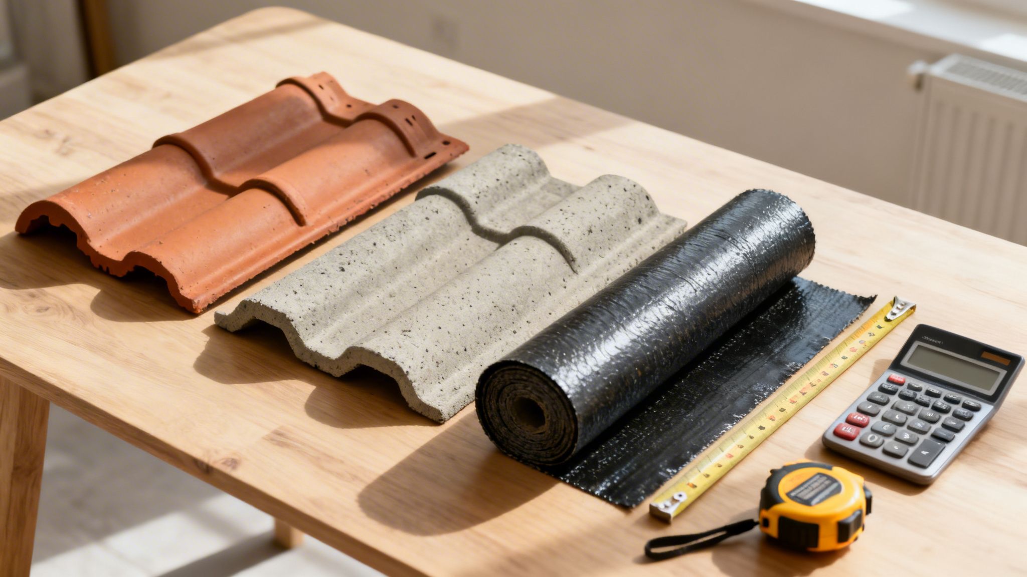Forskellige tagmaterialer som tegl, beton og tagpap, samt måleværktøj og en lommeregner på et træbord.