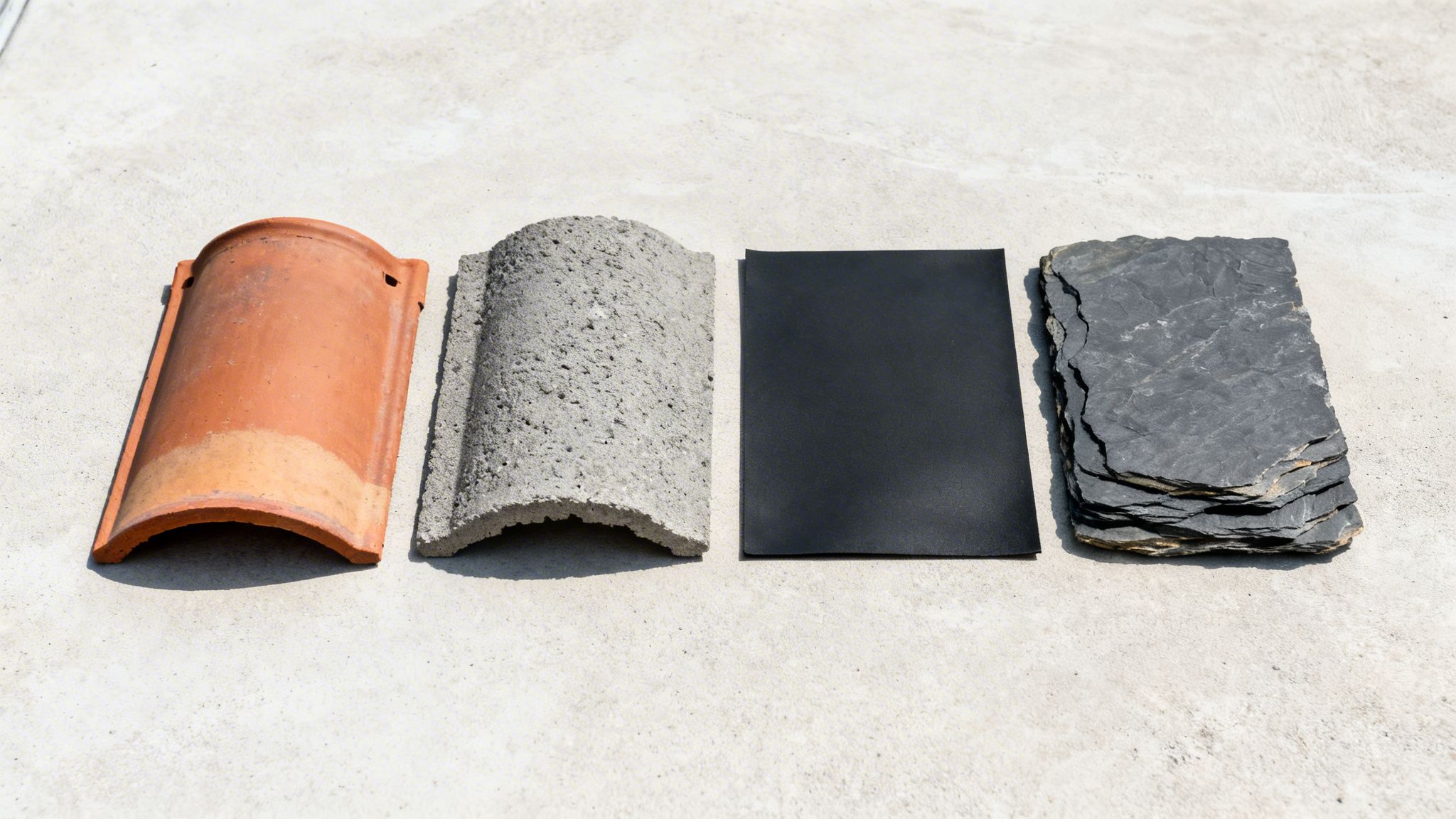 Forskellige tagmaterialer, herunder tegl, beton, tagpap og skifer, vist på en grå overflade.