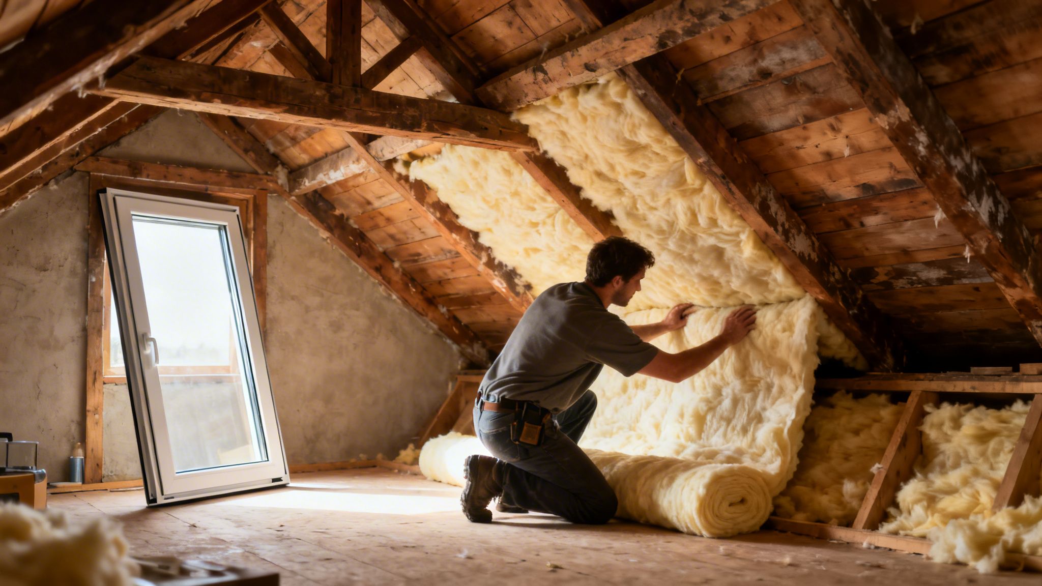 Mand isolerer loft med mineraluld for at forbedre energieffektiviteten i et gammelt hus.