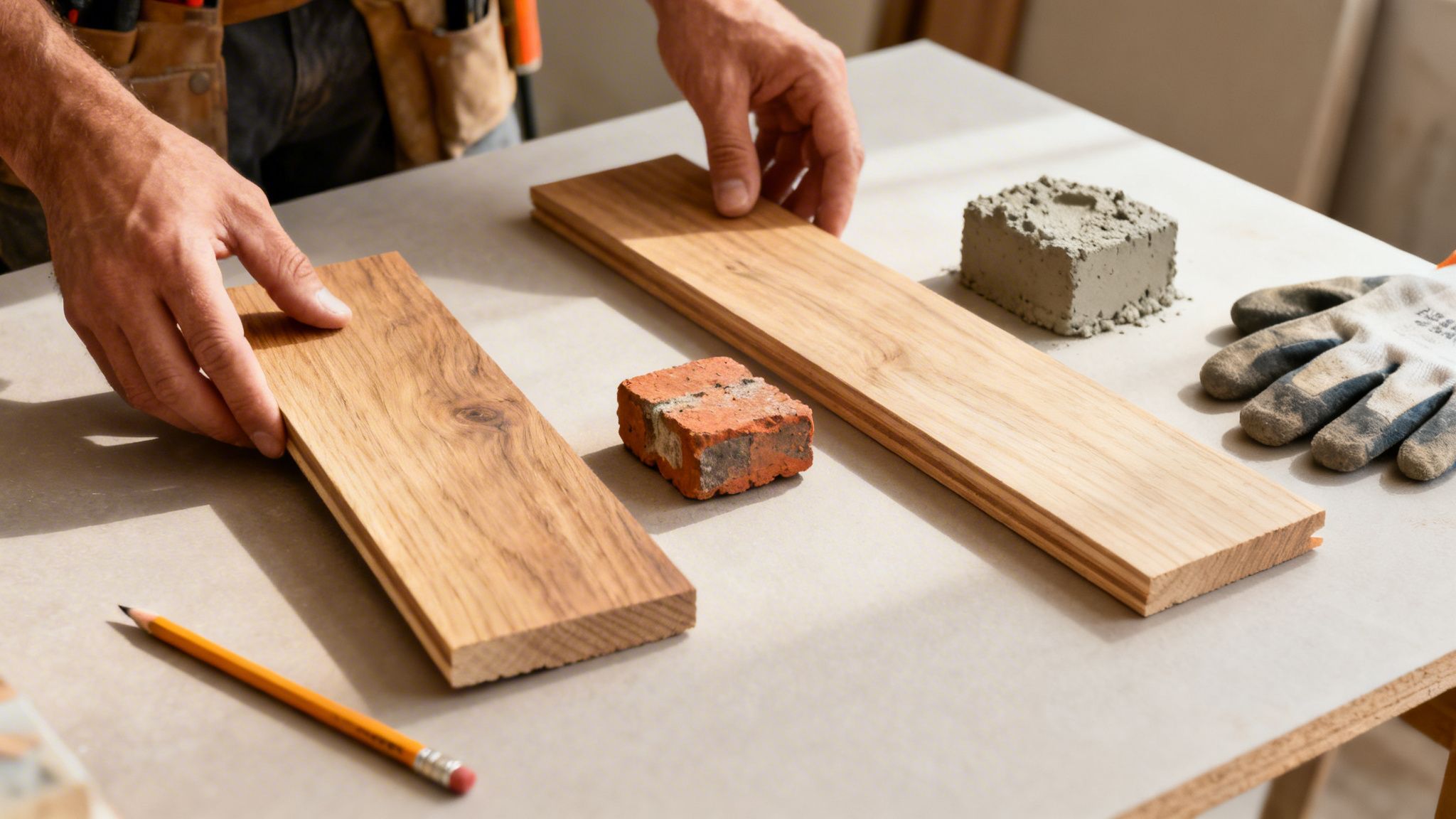 En håndværker holder to træplanker over et bord med byggematerialer, en blyant og handsker.