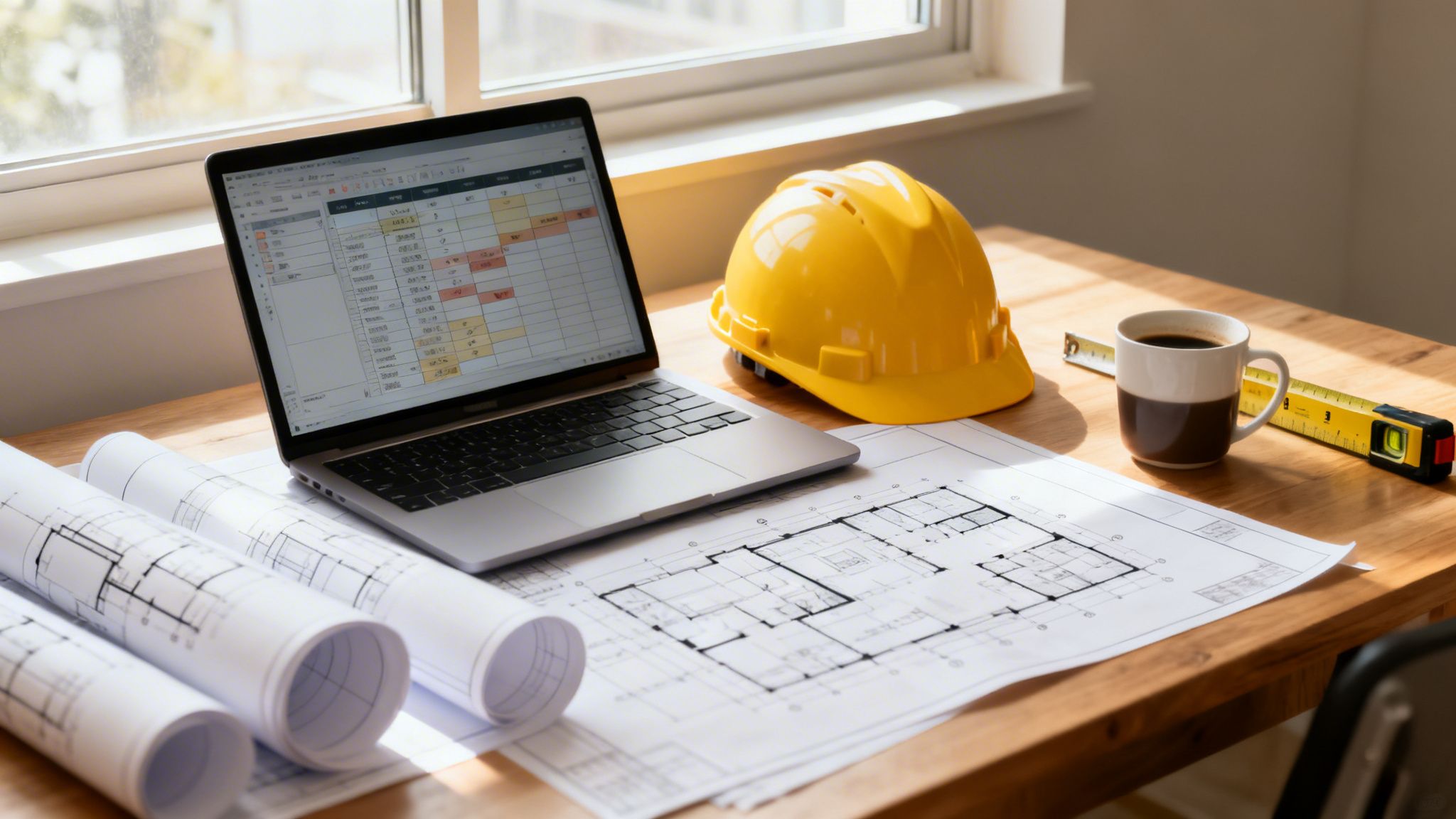 Arbejdsplads for byggerådgiver med bærbar computer, byggeplaner, gul hjelm, kaffe og målebånd.