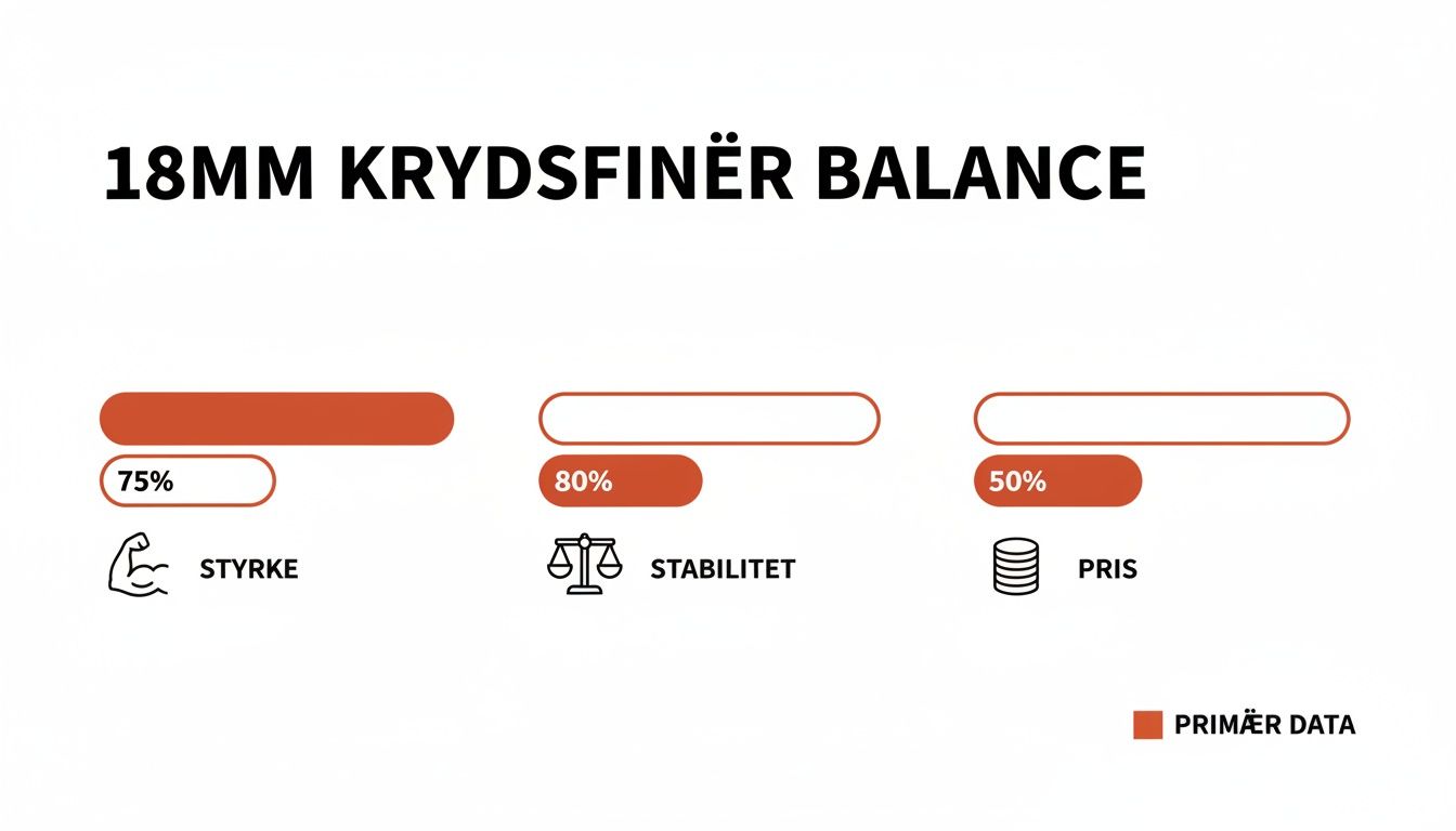 Infografik om 18mm krydsfiner balance, der viser styrke (75%), stabilitet (80%) og pris (50%).