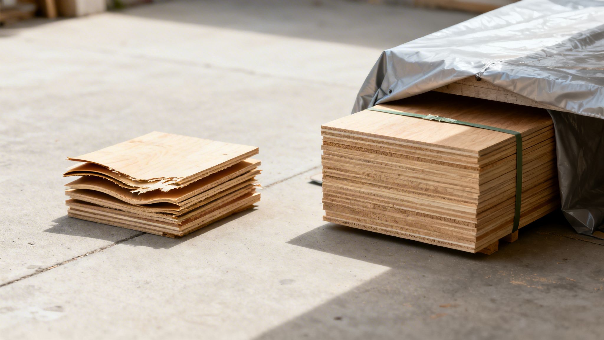 To stakke krydsfiner på betongulv. Den ene stak er beskadiget og bølget, den anden er ny, bundtet og delvist dækket af en presenning.