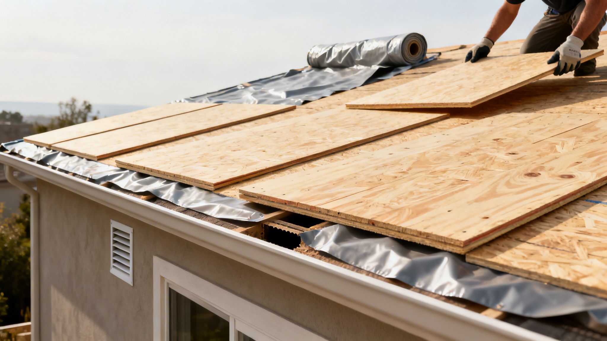 En håndværker monterer tagkrydsfiner på et tag med undertag og tagrender under en klar himmel.