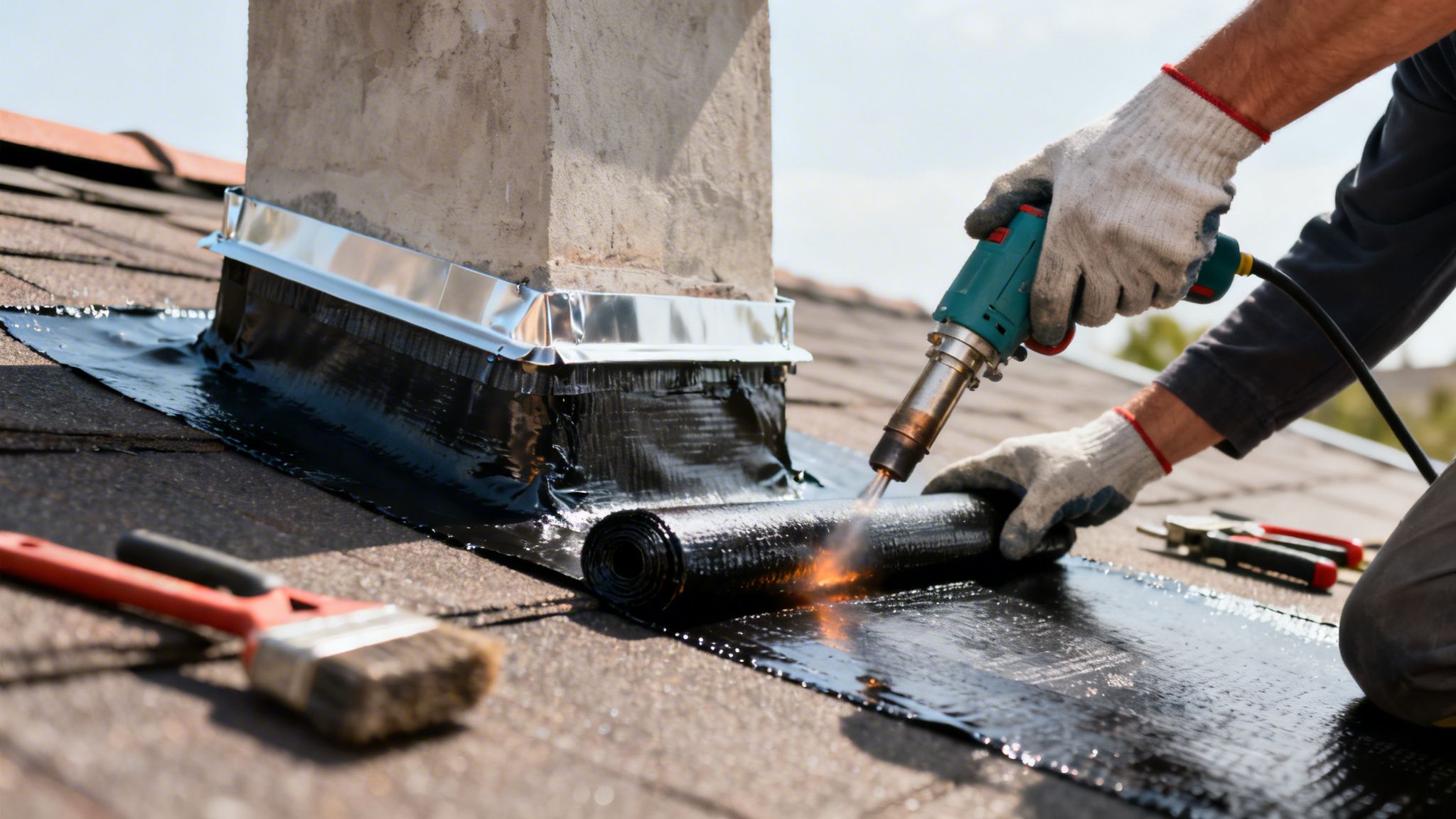 Nærbillede af en håndværker, der reparerer et tag omkring en skorsten med en brænder og tagpap.