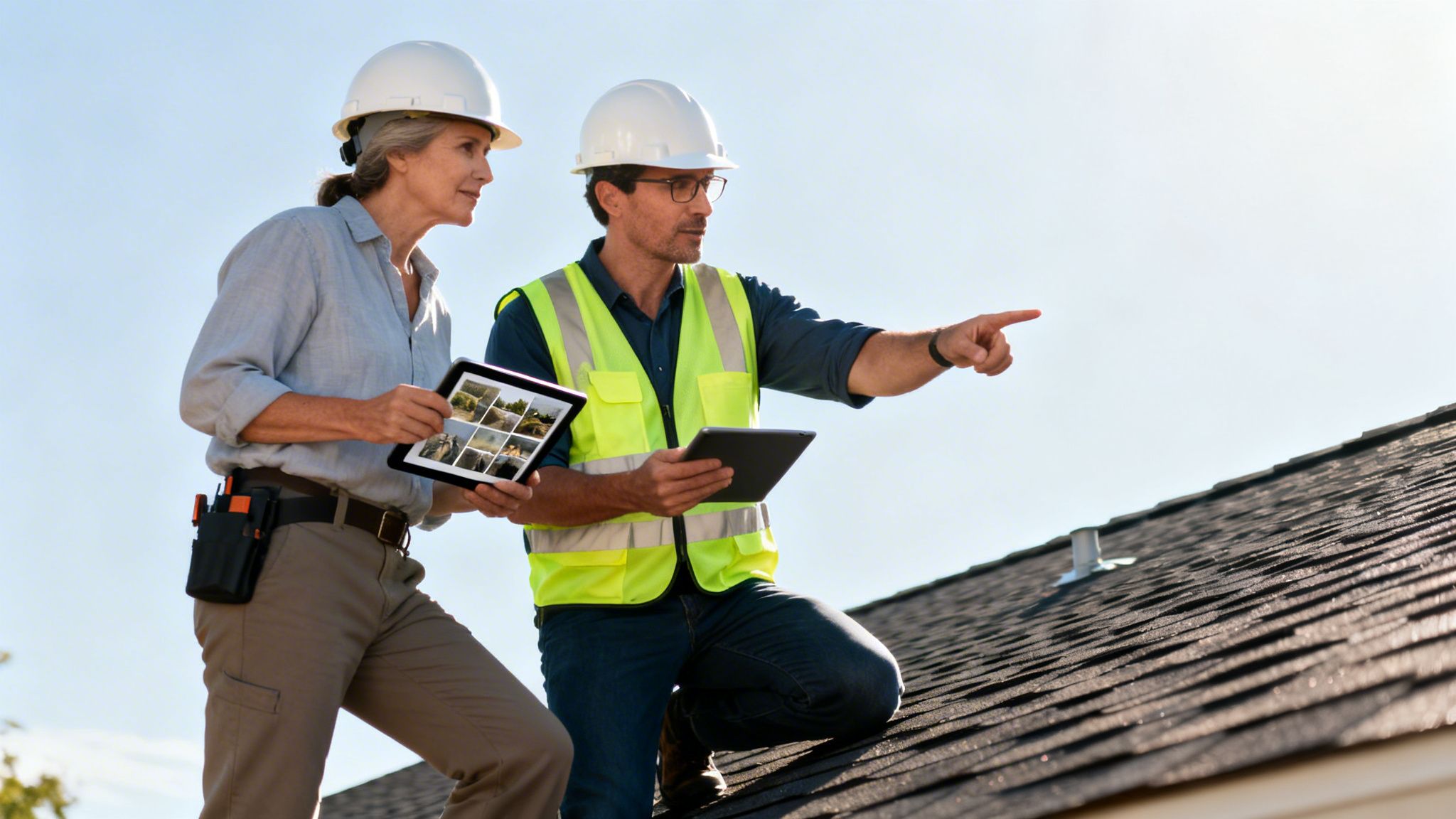 Mand og kvinde i sikkerhedshjelme inspicerer et tag; manden peger, kvinden holder en tablet.