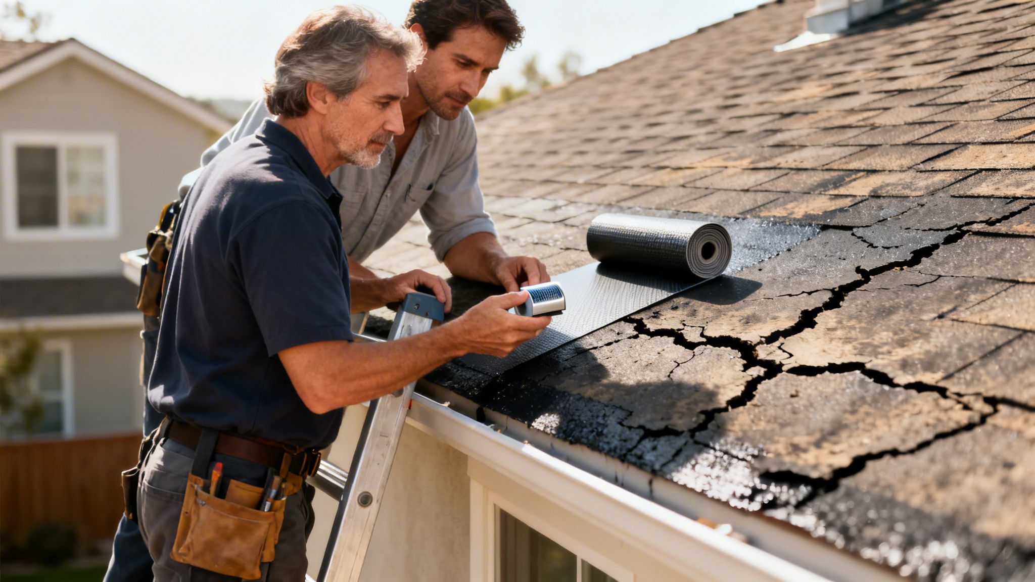 To mænd på et tag reparerer et beskadiget tag med nyt tagpap. Den ældre mand holder et værktøj.