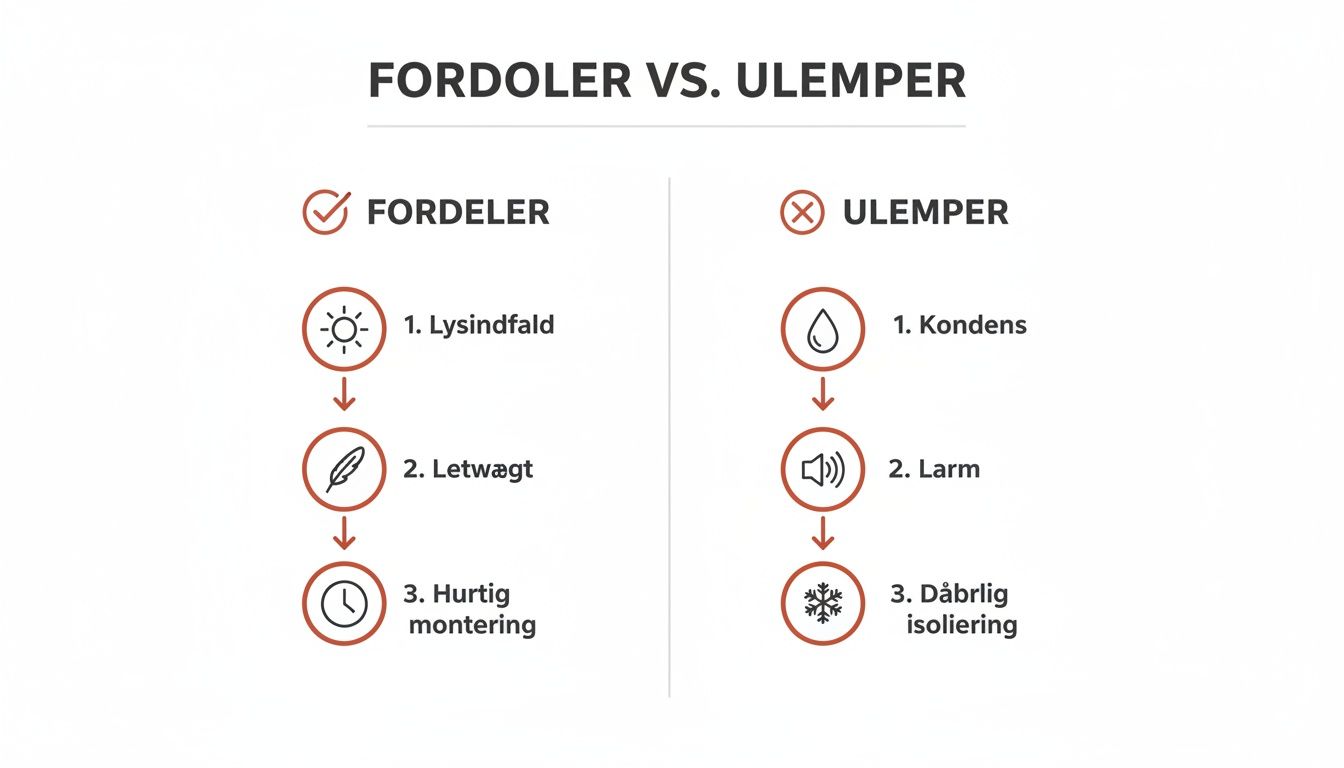 Infografik der sammenligner fordele og ulemper ved et produkt, vist med ikoner og tekst.